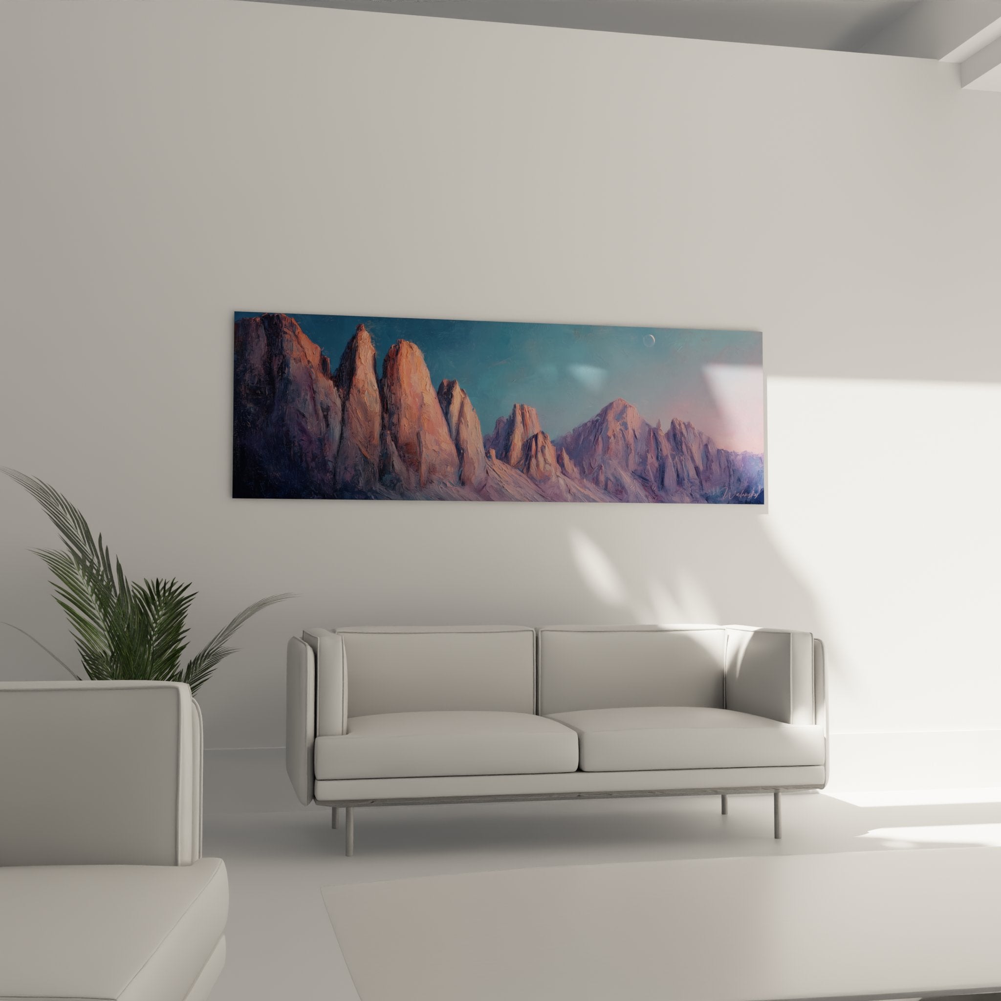 Dettaglio del quadro Dolomiti che mostra le sfumature rosa e arancioni dell'alpenglow sulla roccia