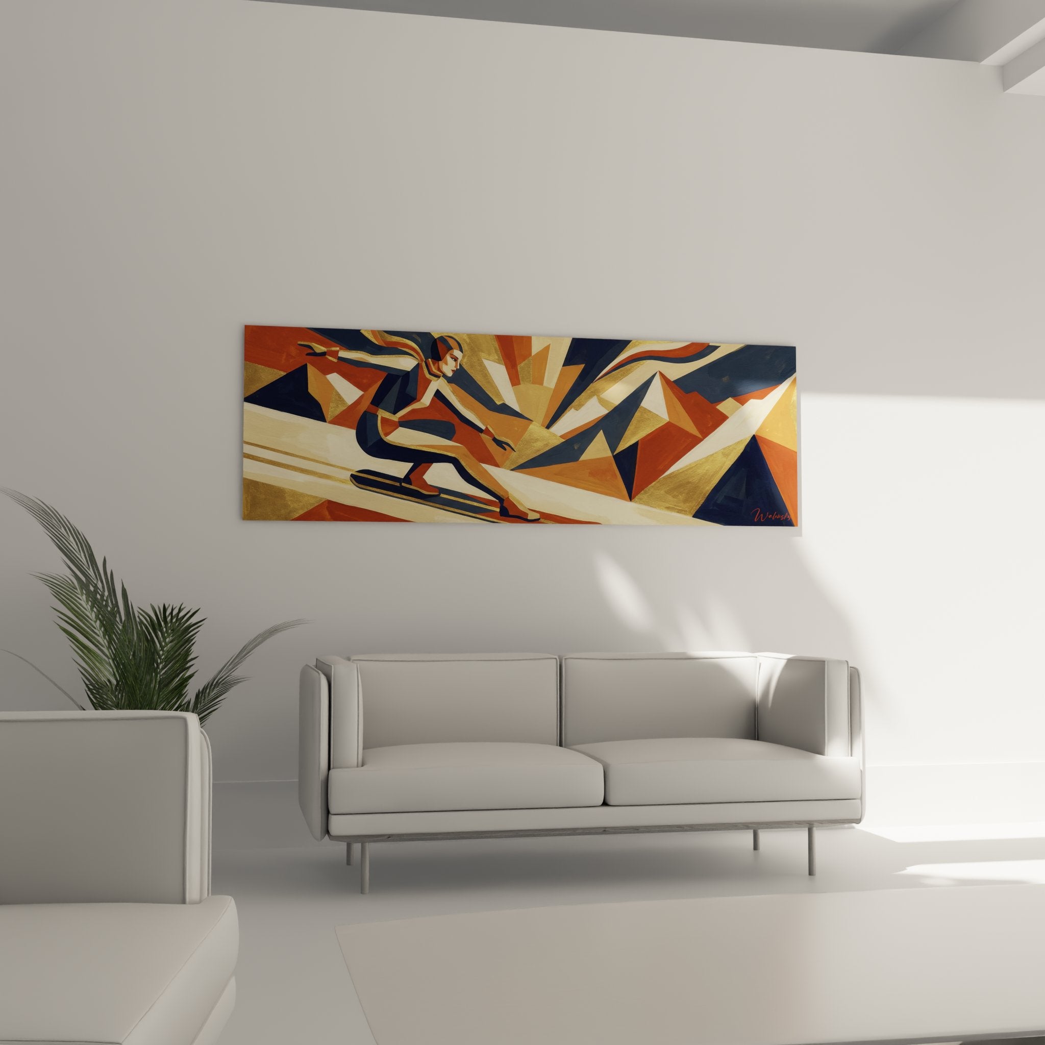 Detail tableau snowboard art deco montrant texture et nuances couleurs chaudes dans style geometrique