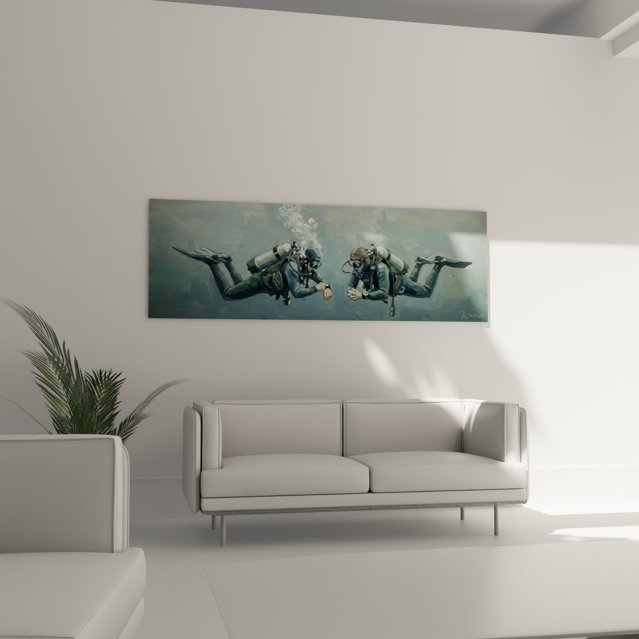 Détail rapproché du tableau montrant plongeurs sous-marins avec masques et détendeurs dans eau bleue