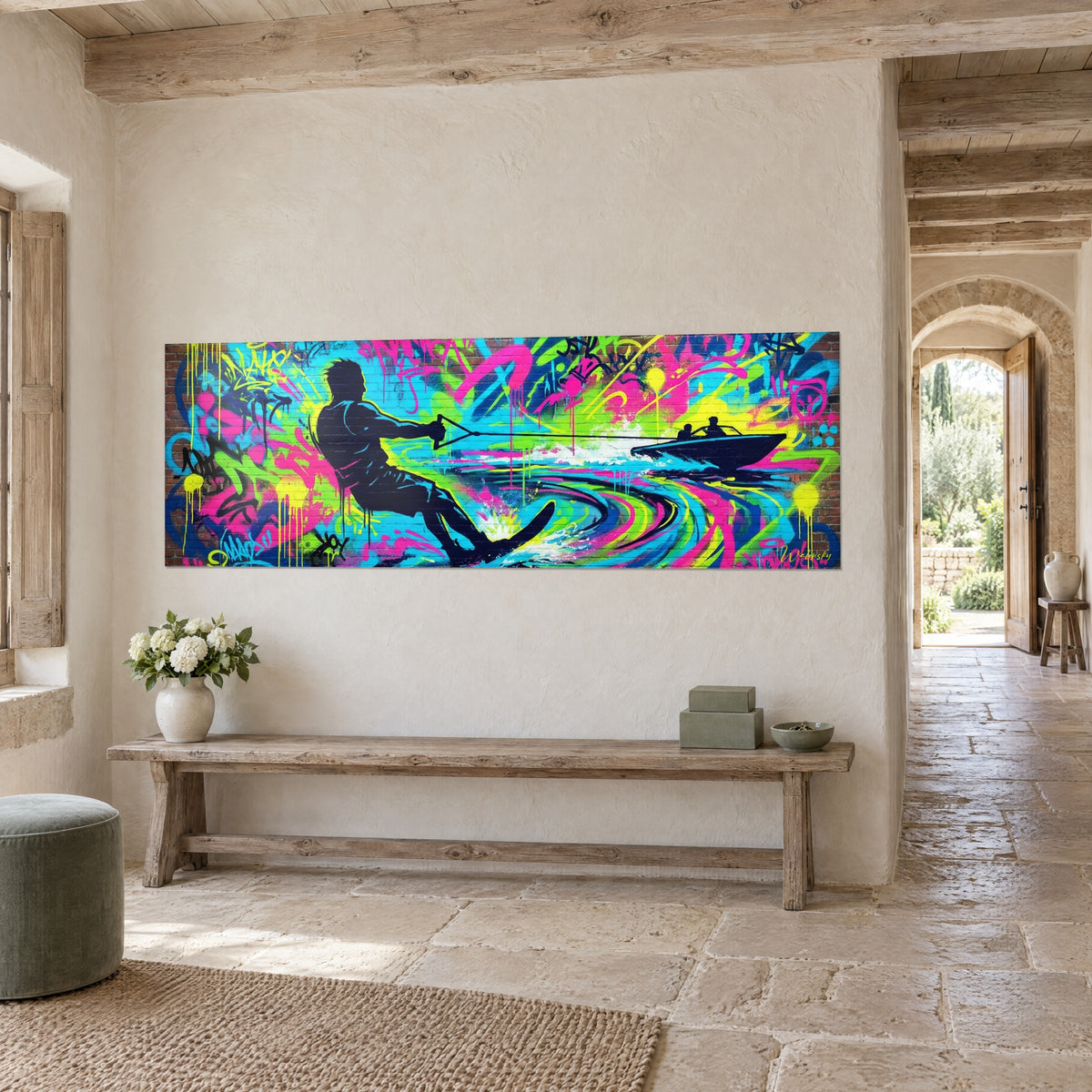Tableau glisseur sur wakeboard fendant l'eau turquoise, graffiti vert fluo et magenta, mur crépi d'une maison en pierre