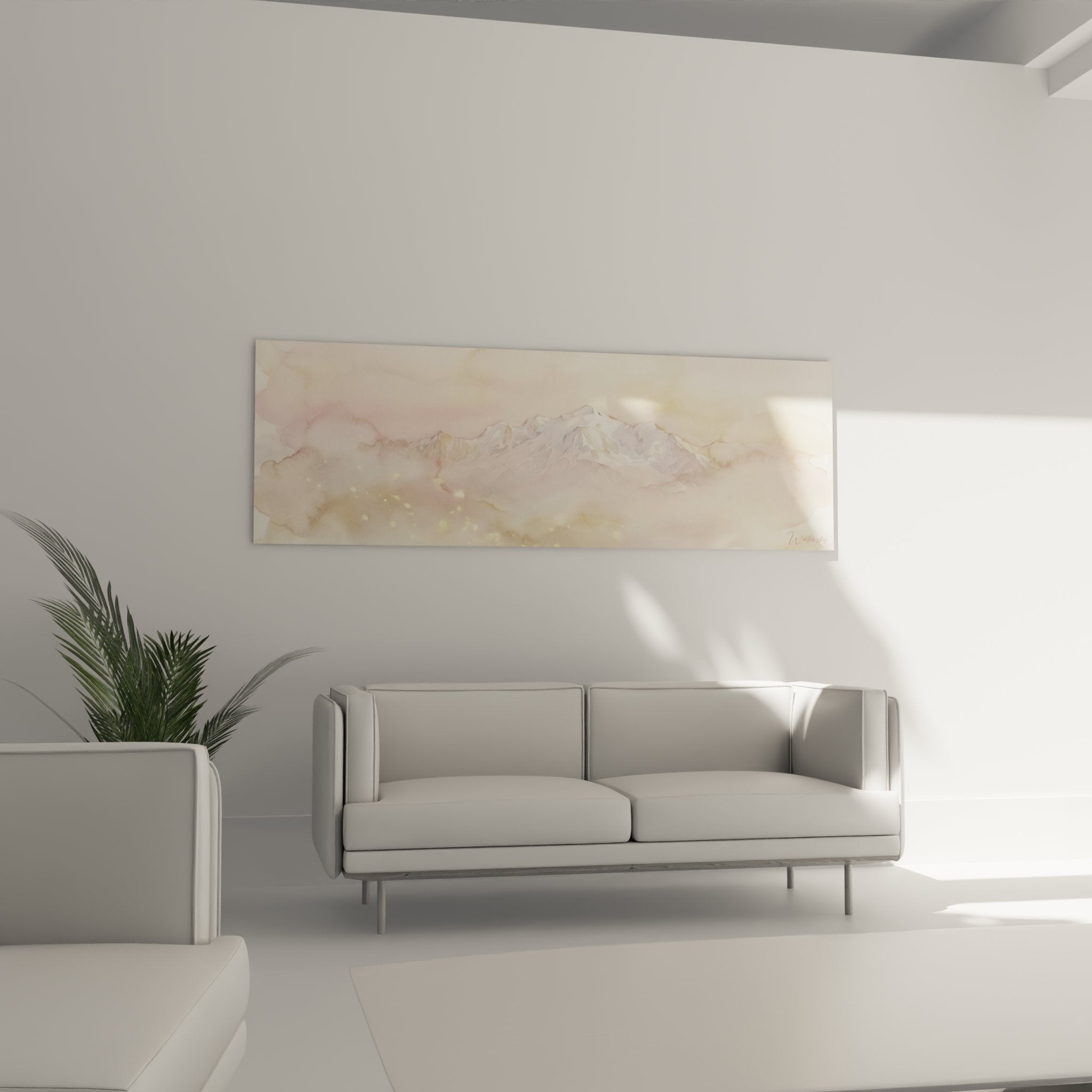 Mont Blanc watercolor detail with golden and pink light effects refined painting techniques