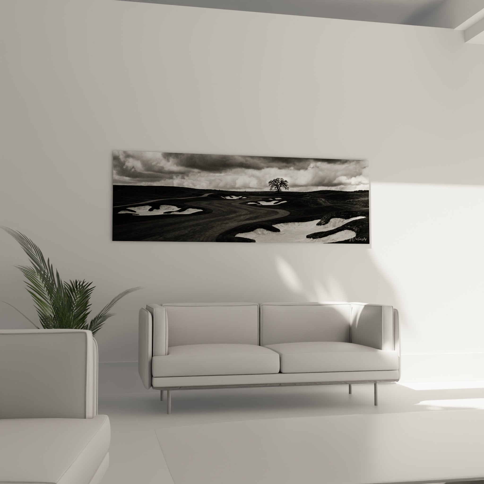 Detail tableau golf noir et blanc montrant bunkers de sable et ondulations du green