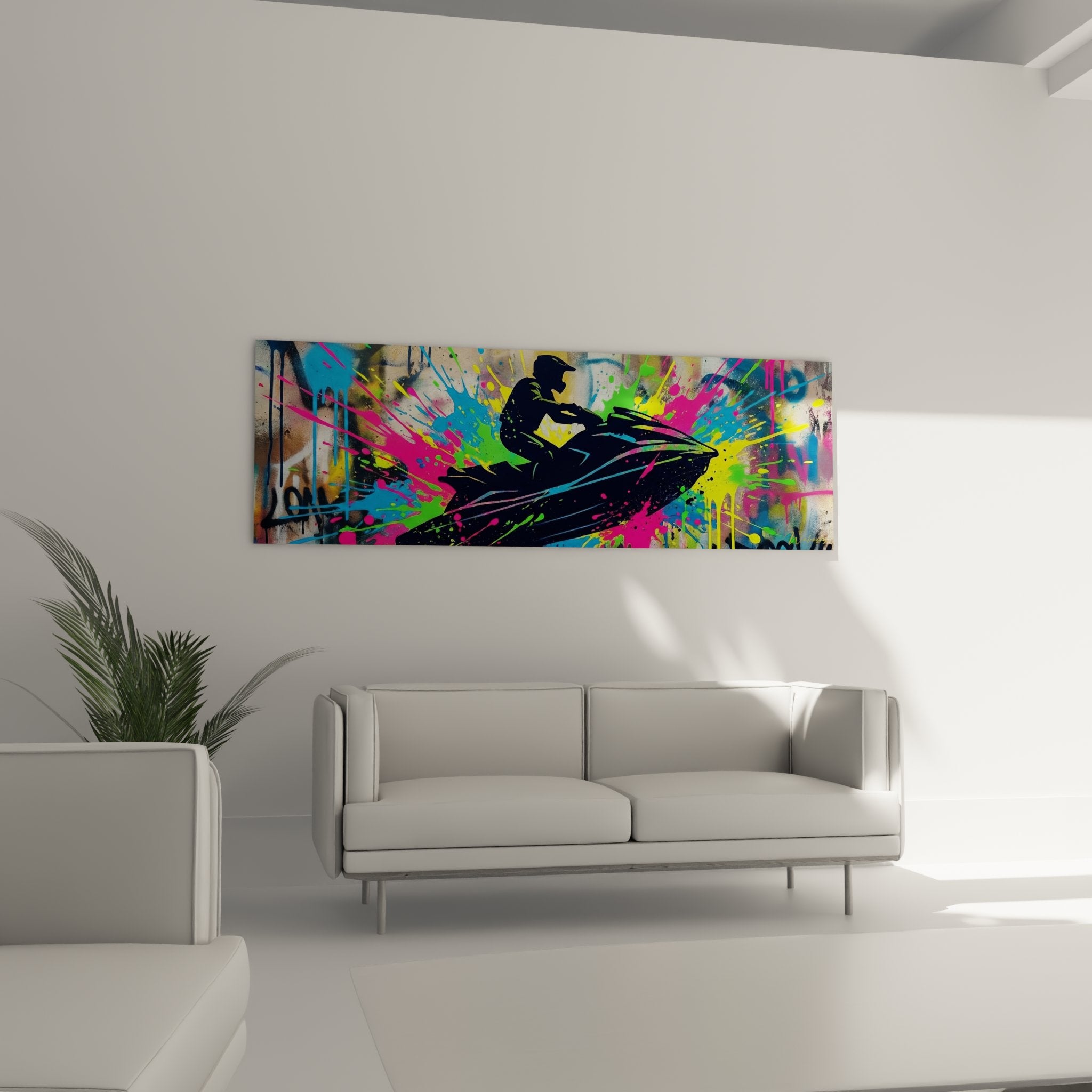 Détail du tableau jetski graffiti montrant les éclaboussures colorées et la silhouette contrastée