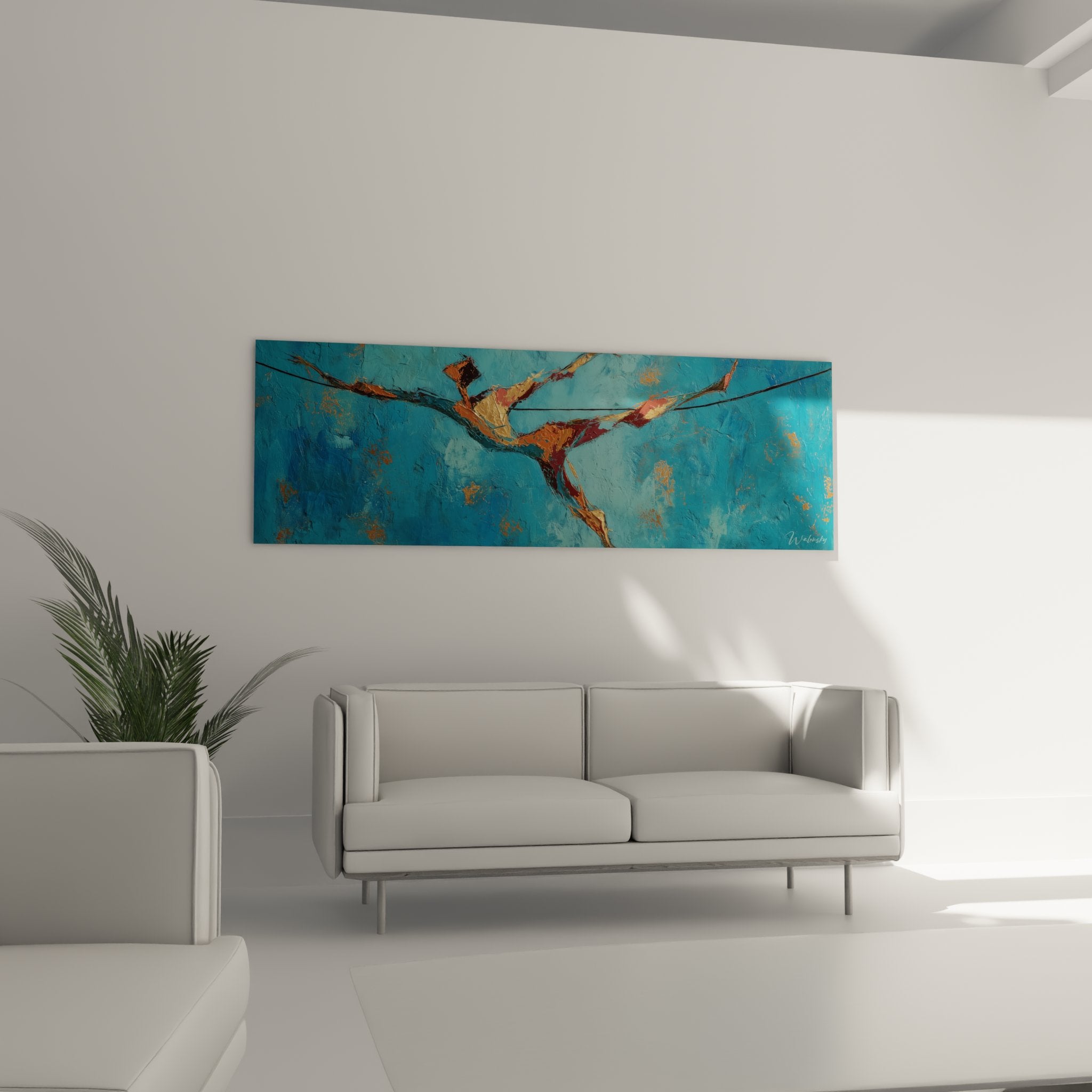 Dettaglio dipinto trapezista, tecnica mista con toni dorati e blu, texture artistica espressionista