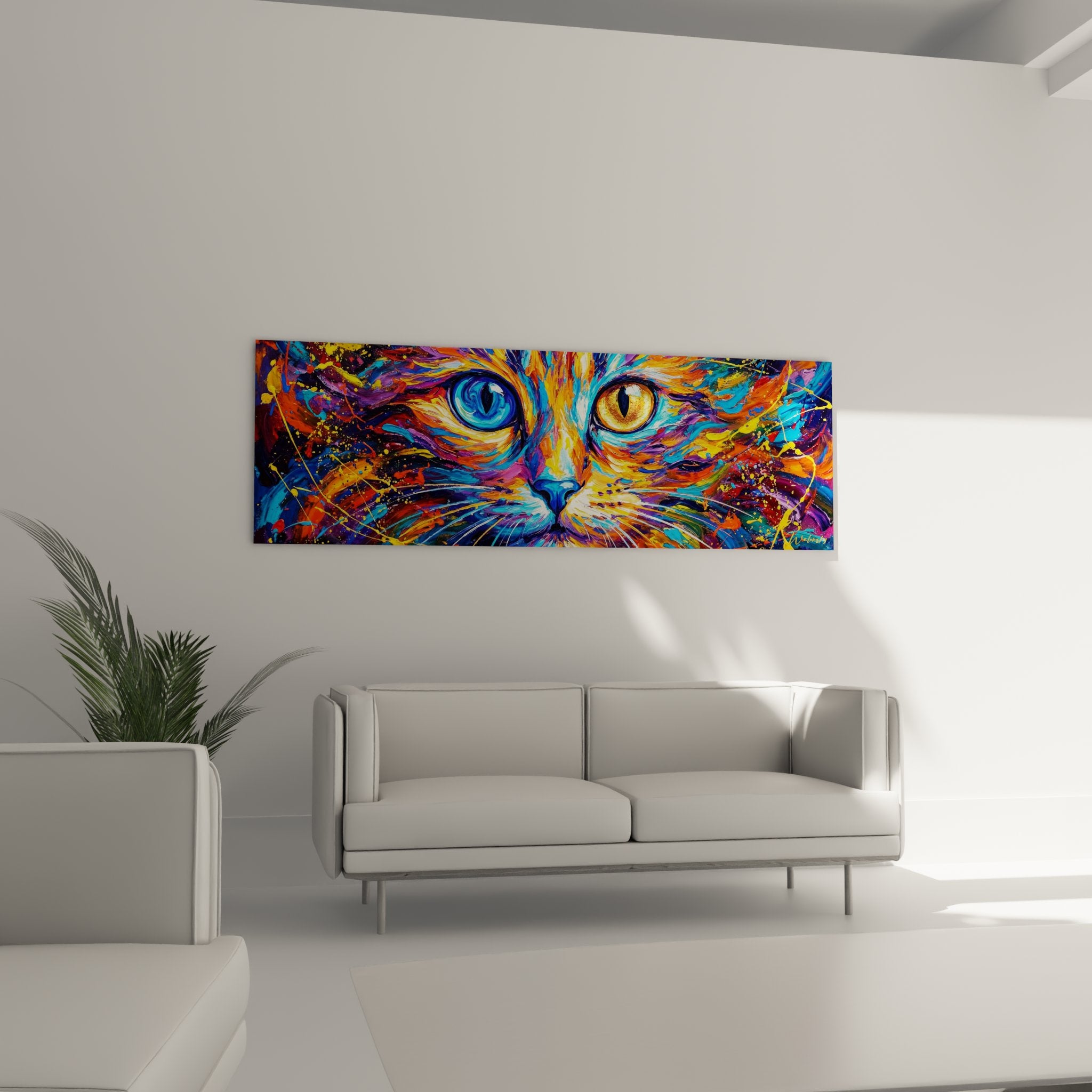 Gros plan tableau chat Khao Manee montrant détails yeux vairons et technique peinture colorée expressive