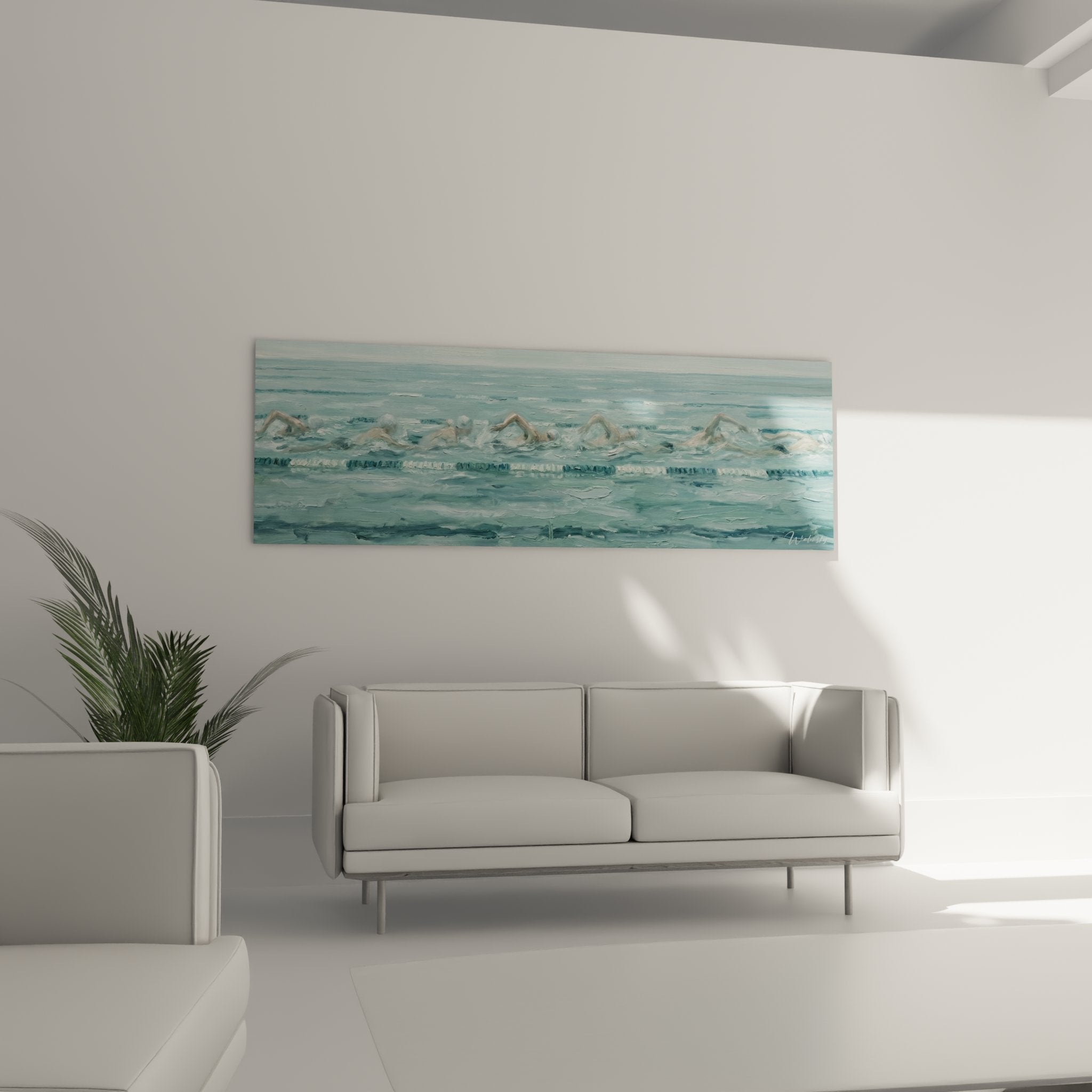 Detail of the swimming painting showing the pictural technique of swimmers in moving water