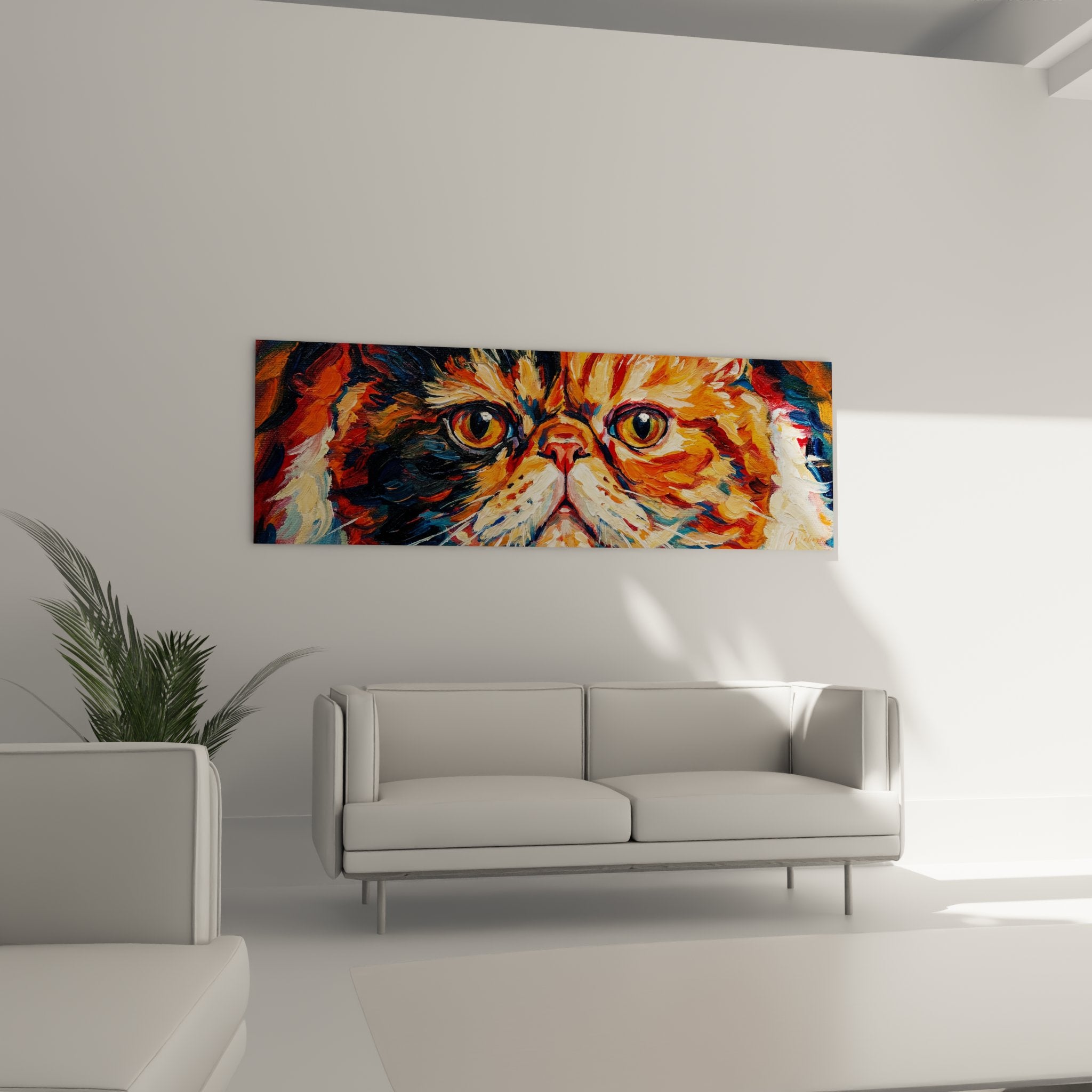 Close-up detail of Exotic Shorthair cat artwork, expressive golden eyes, modern colorful painting technique