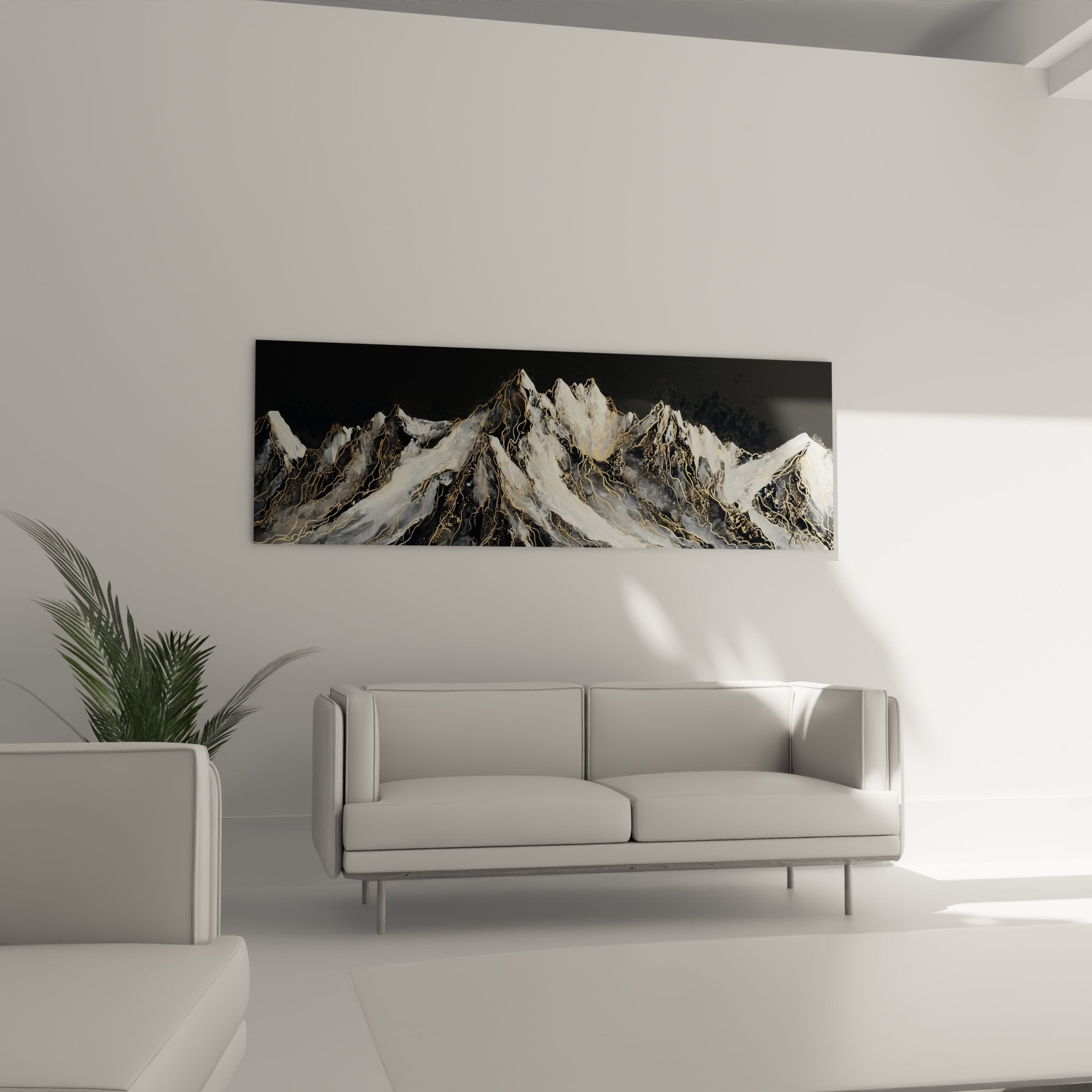 Mountain artwork detail with golden effects and embossed rocky textures