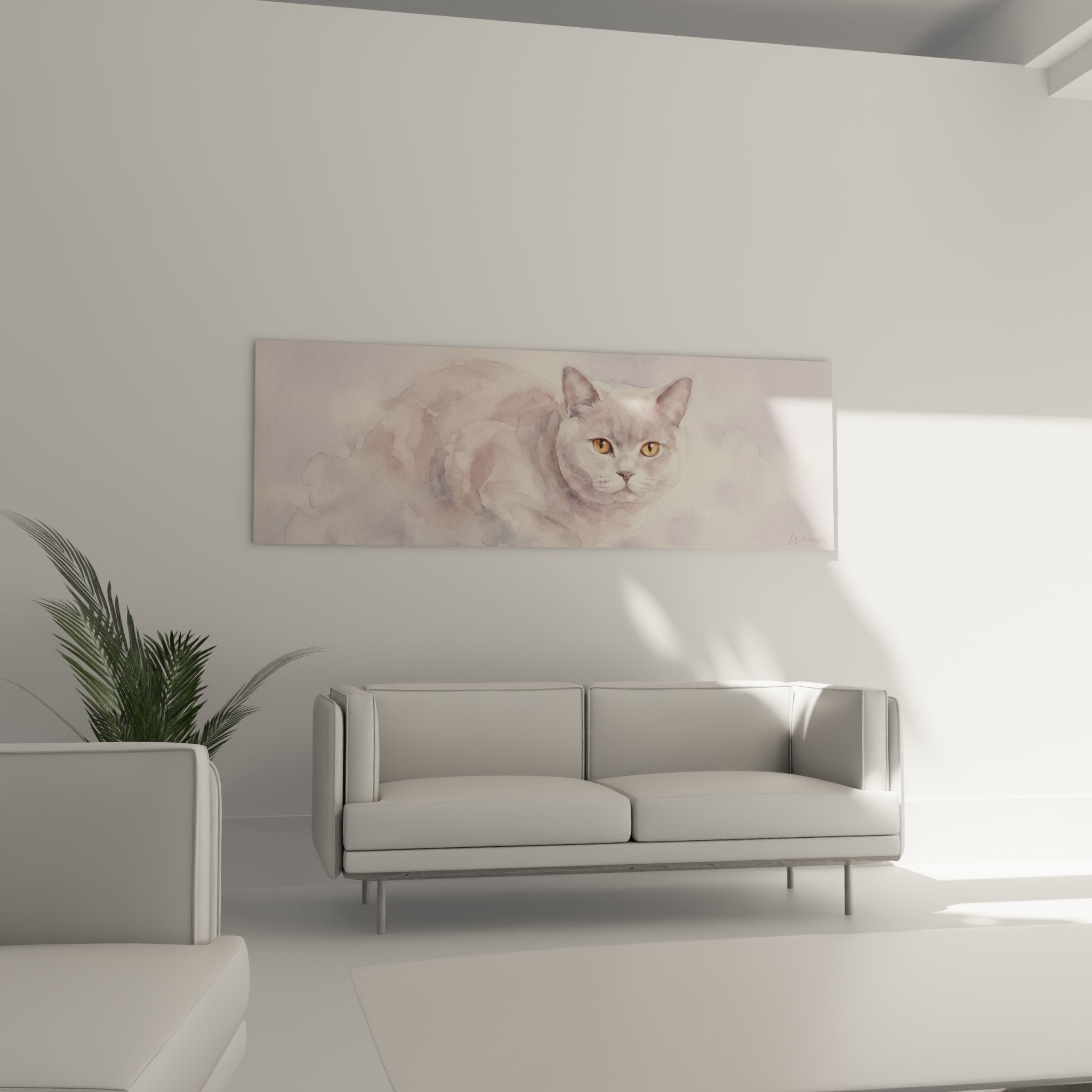 Détail du tableau aquarelle montrant les yeux dorés expressifs du chat British Shorthair et les nuances délicates