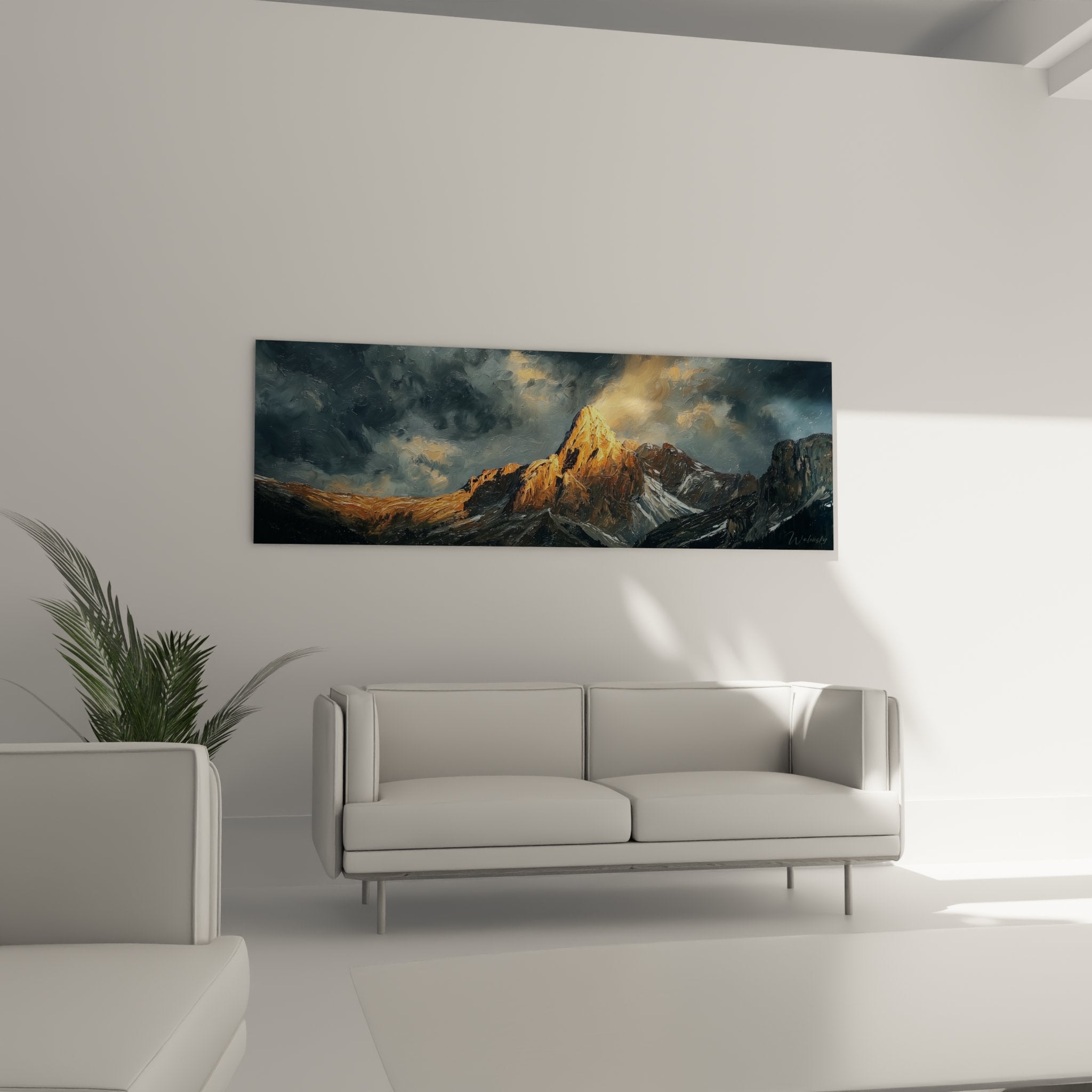 Dolomites painting detail - textured painting technique showing golden rocks and dramatic clouds