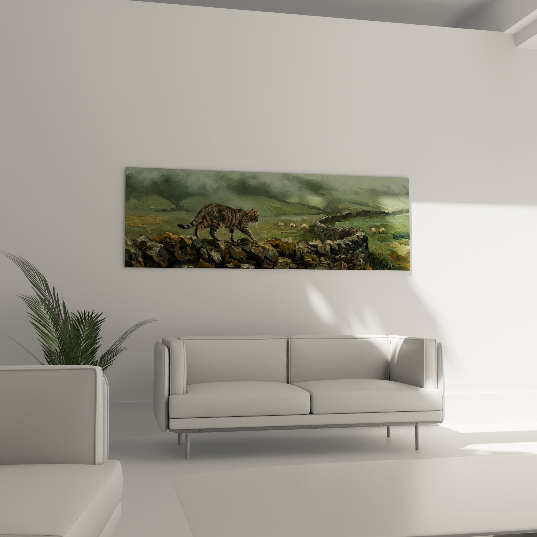 Detail painting European Shorthair tiger cat walking on mossy stones realistic texture