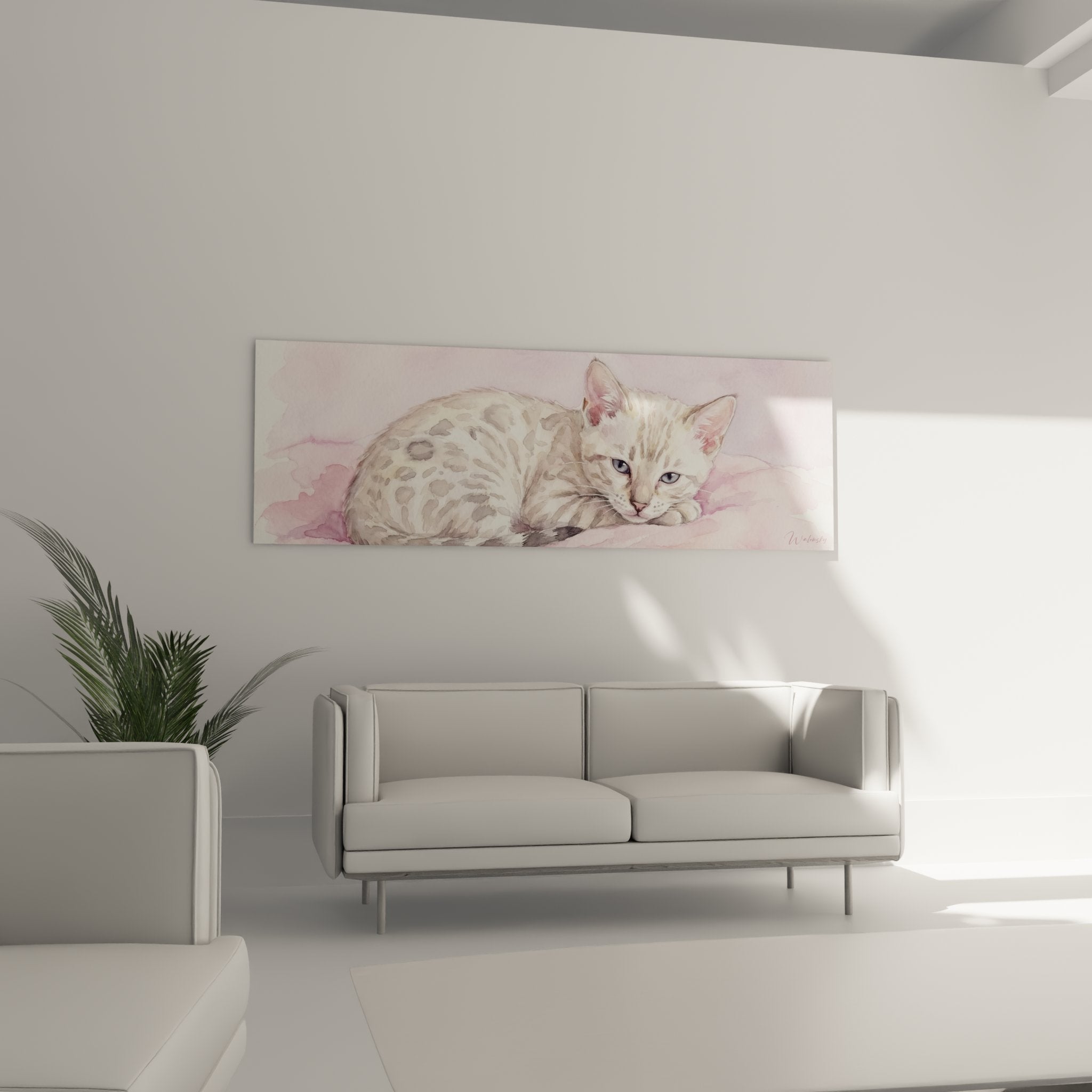 Detail aquarelle chaton Bengal pelage tachete yeux bleus technique artistique raffinee