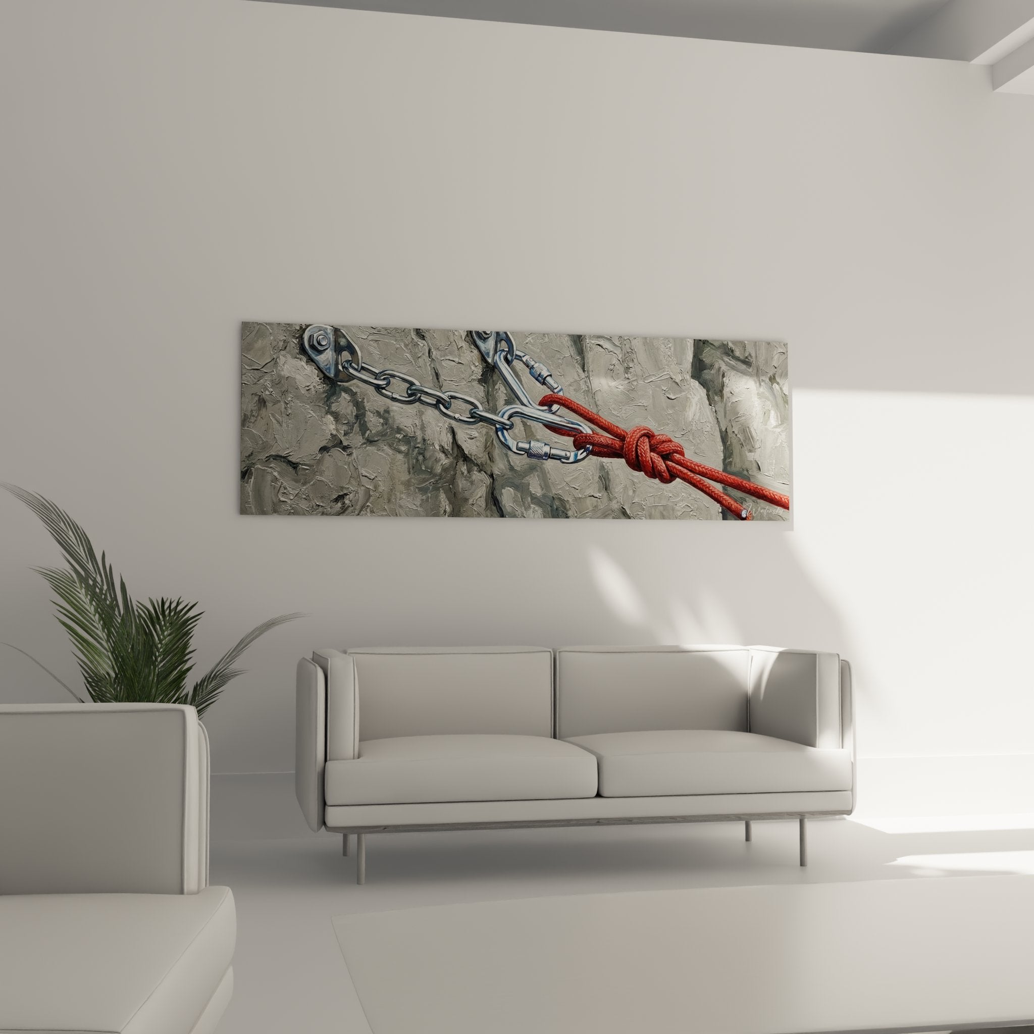 Detail climbing rope wall art red knotted cord metal chain and carabiners on limestone rock