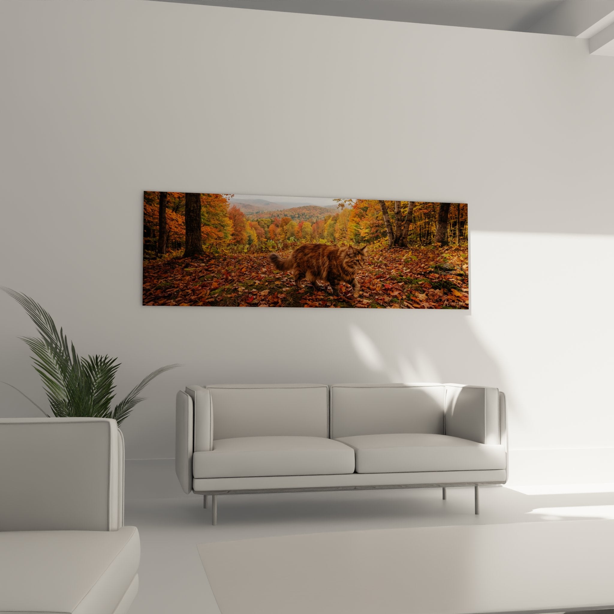 Close-up detail of Maine Coon cat painting with reddish fur, realistic texture, autumn leaves and forest floor background