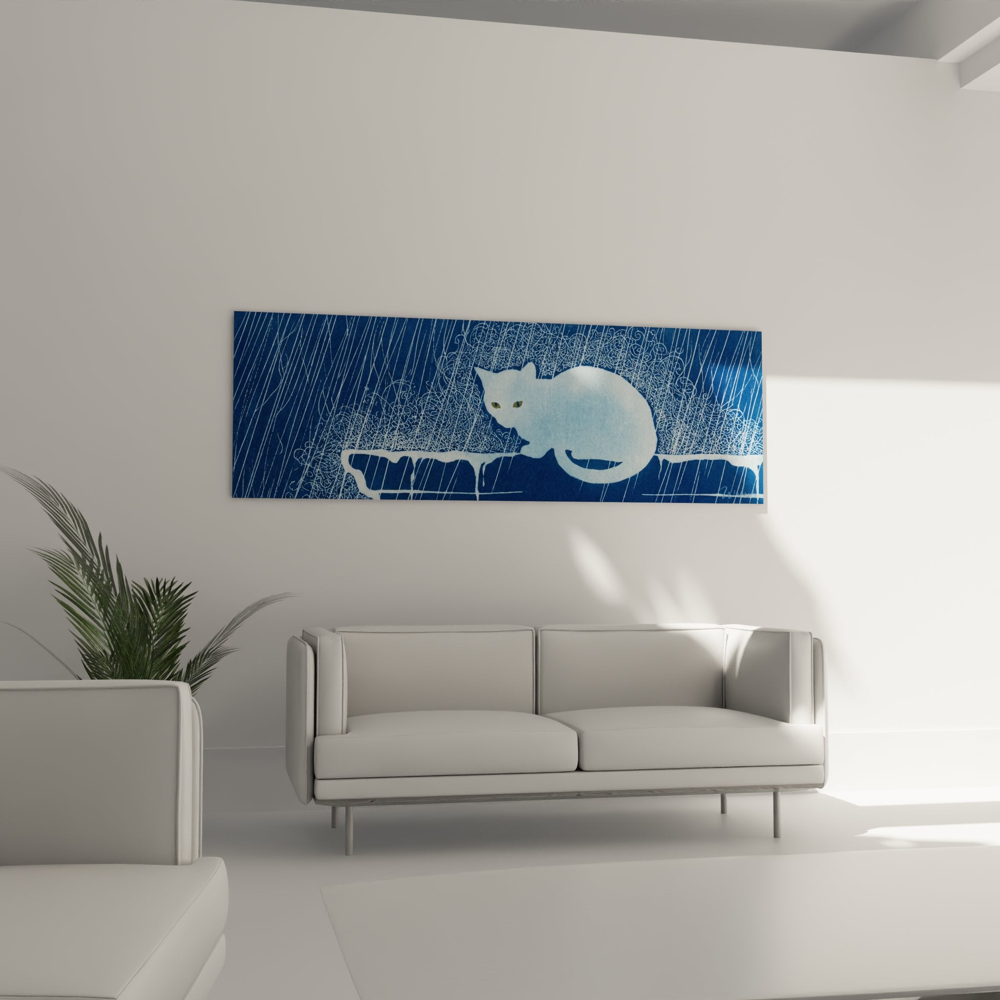 Detail tableau chat Korat yeux pergants sous pluie, technique artistique lignes blanches sur fond bleu