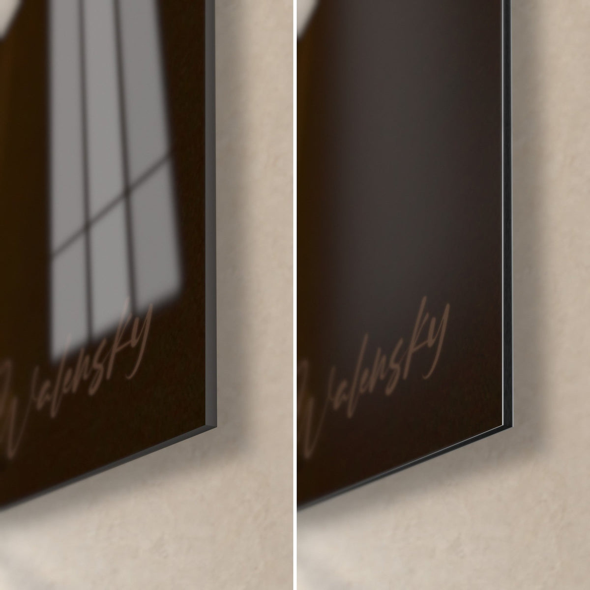 Tableau chat ragamuffin sur sa fenêtre, coin bas droit : verre brillant aux reflets clairs, Dibond mat brun, tranche de 3 mm