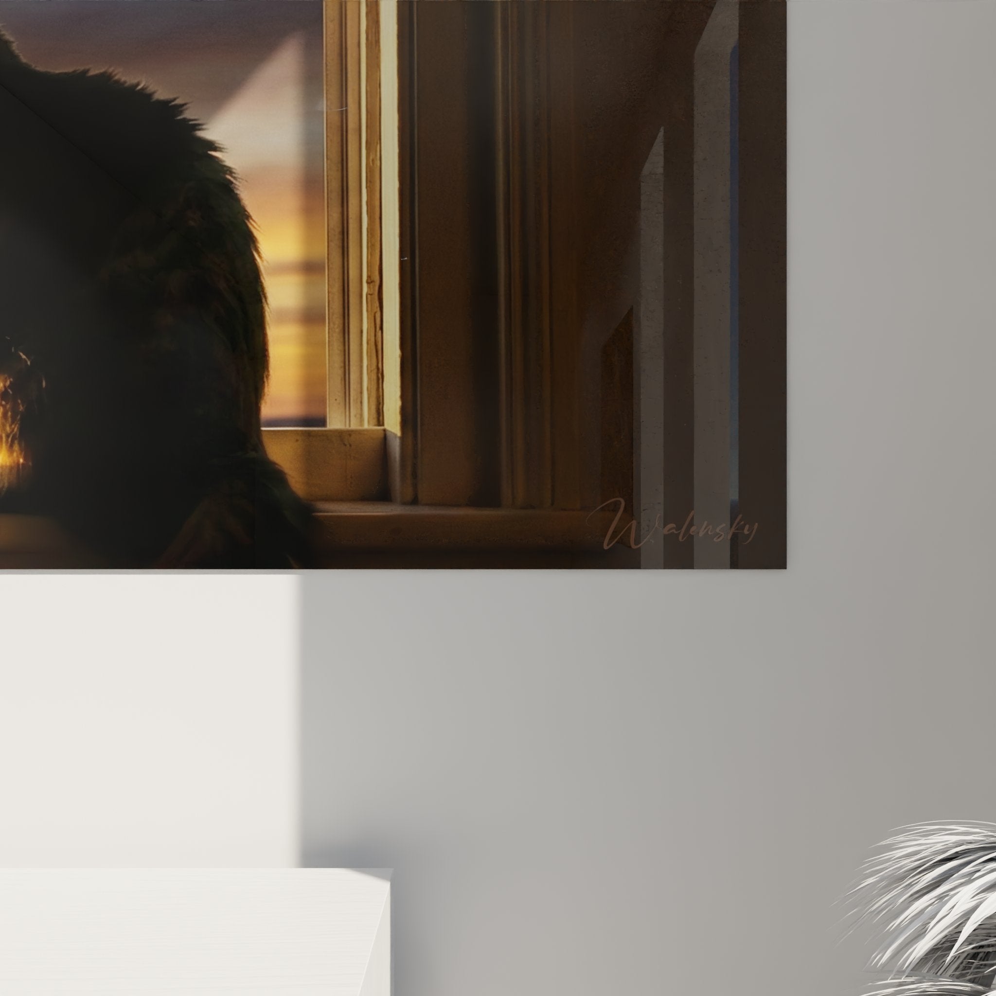 Vue ensemble tableau chat fenetre salon decoration murale coucher soleil panoramique