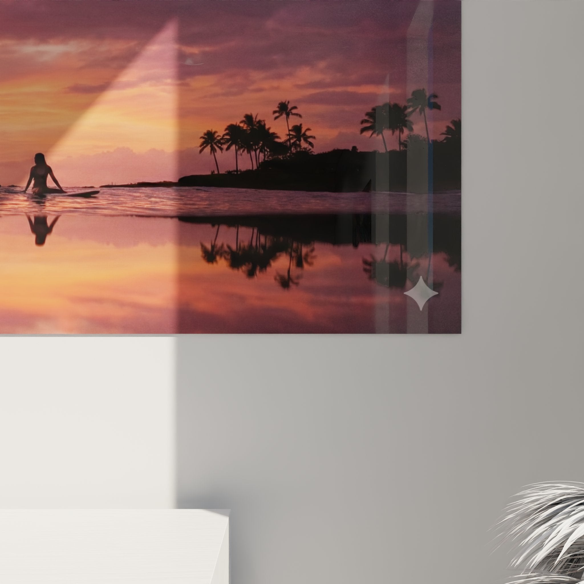Gesamtansicht panoramisches Surfbrett-Gemälde Sonnenuntergang mit Surfer-Silhouetten Palmen Wanddekoration