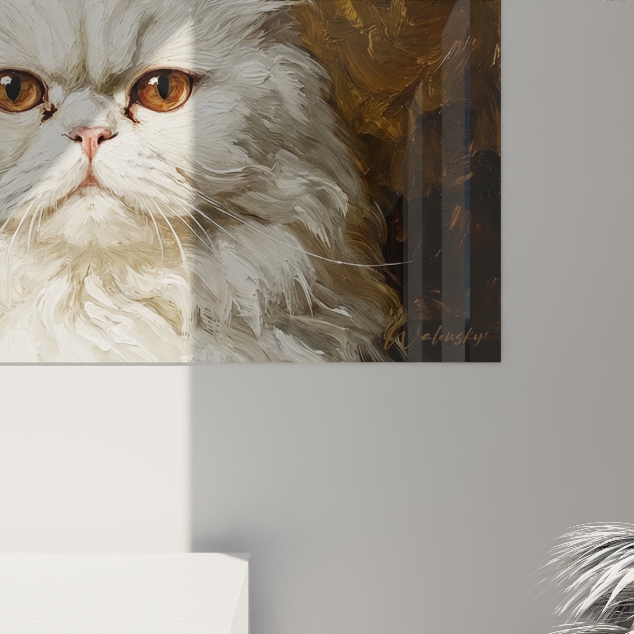 Vue d'ensemble tableau mural chat Persan blanc dans intérieur moderne, décoration artistique féline