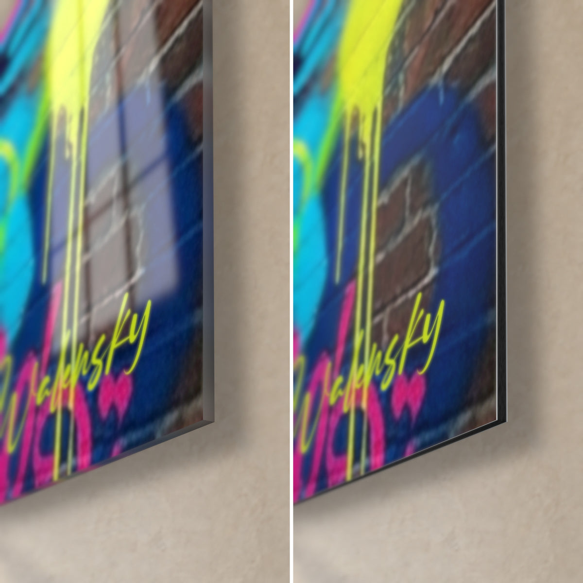 Tableau skieur nautique en graffiti, coin bas droit : verre acrylique brillant à gauche, Dibond mat bleu et jaune fluo à droite