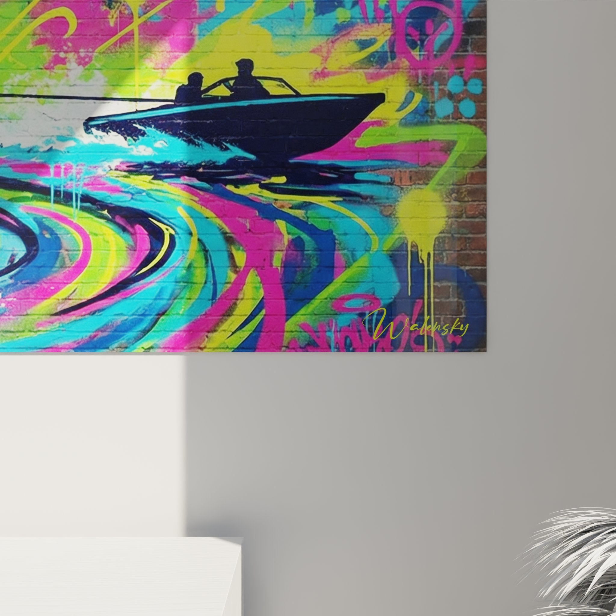 Vue ensemble tableau mural ski nautique graffiti decoration interieure art contemporain