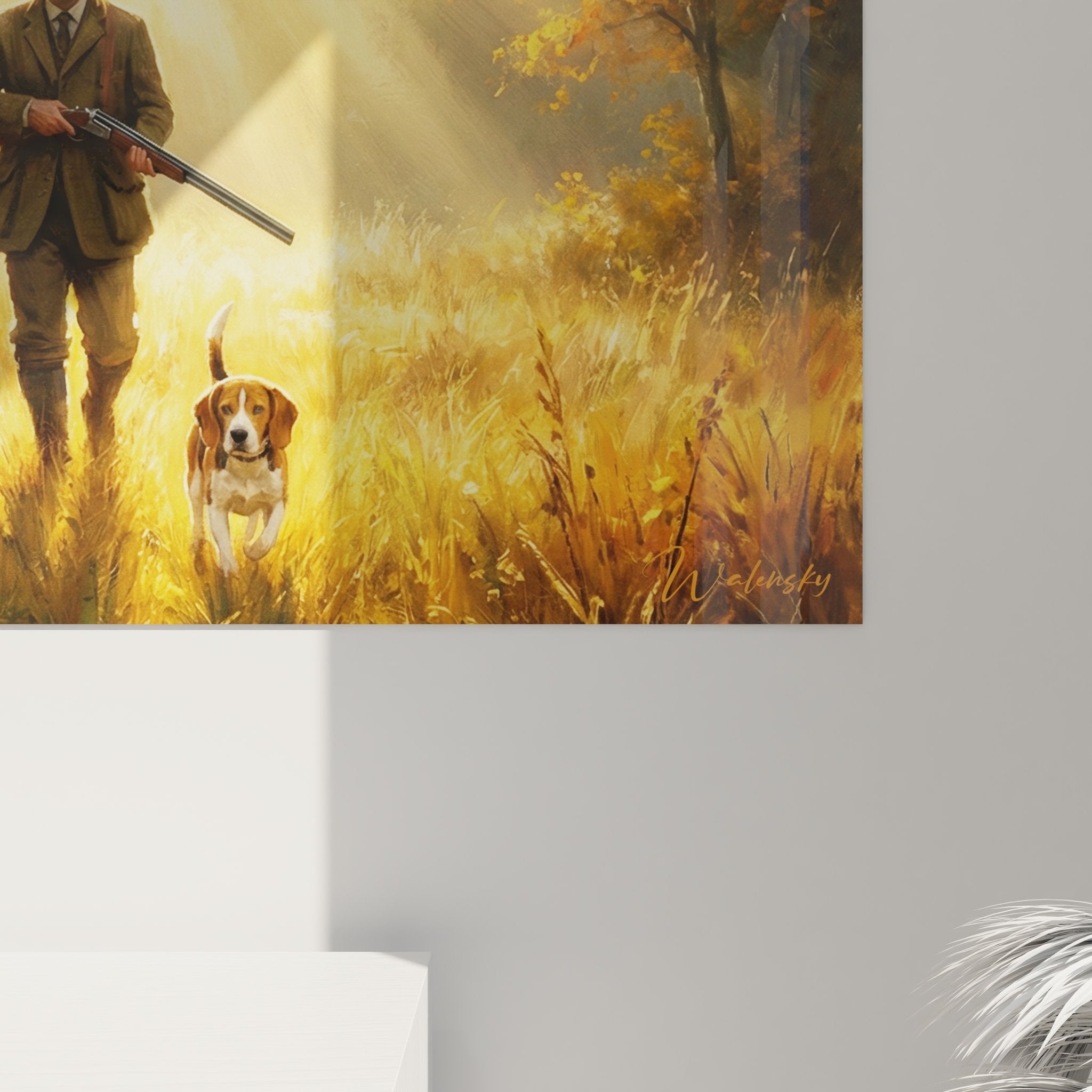 Vue perspective tableau chasseur en forêt, rayons soleil matinal décoration chasse