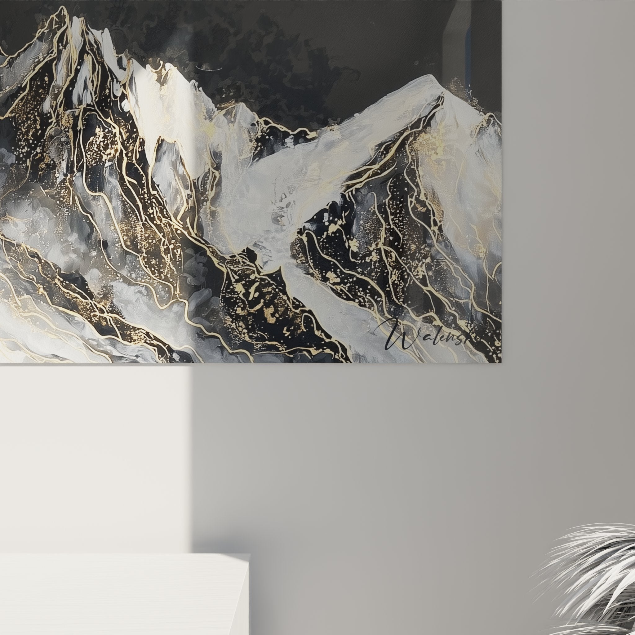 Overview panoramic golden mountain artwork in elegant modern living room