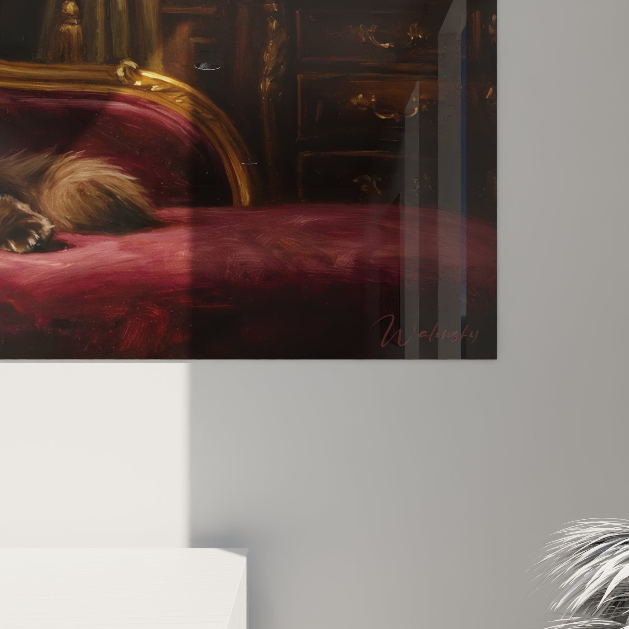 Vista d'insieme quadro panoramico gatto Himalayano su divano barocco, opera decorativa stile vittoriano classico