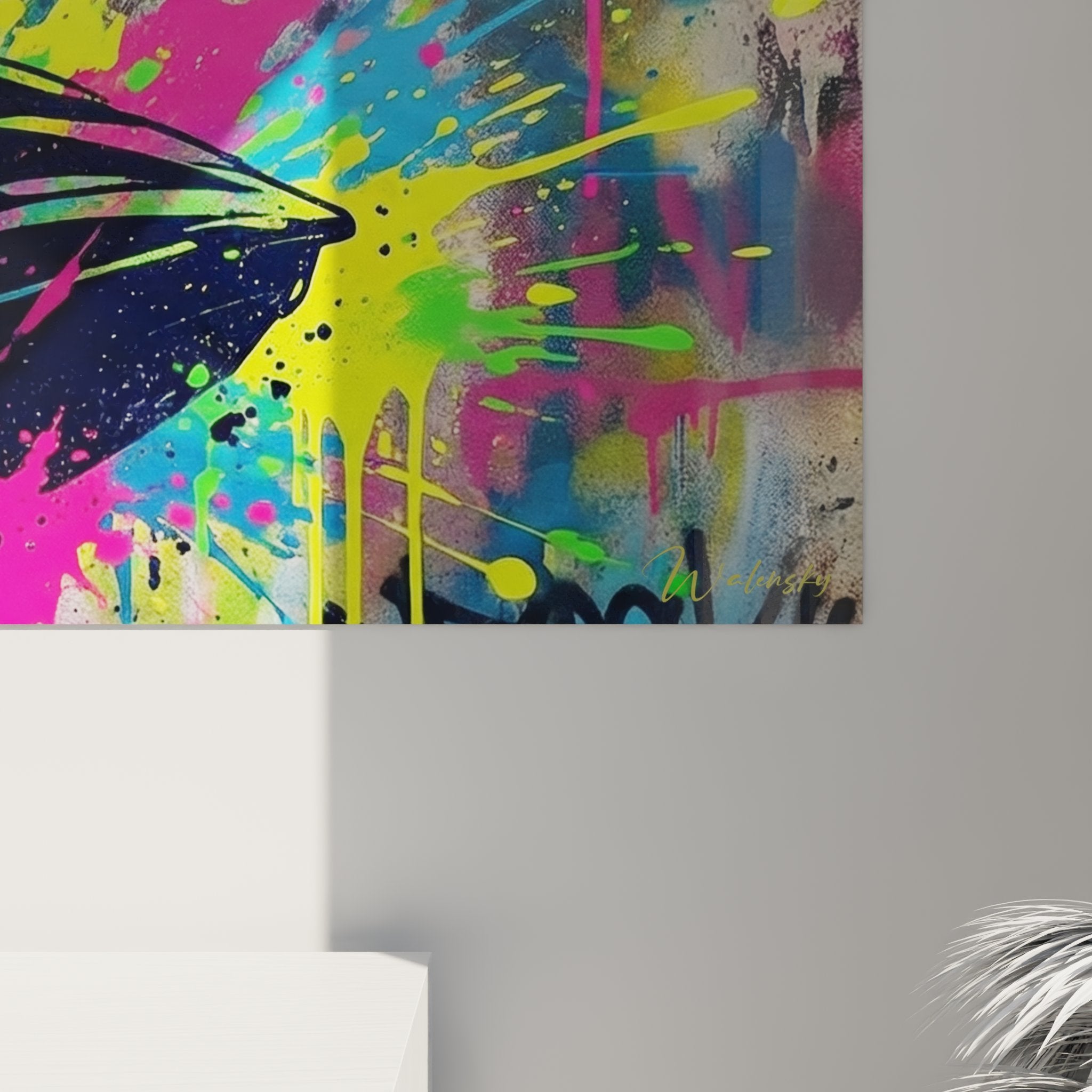 Vue d'ensemble tableau jetski graffiti art urbain avec explosion de couleurs rose bleu vert jaune