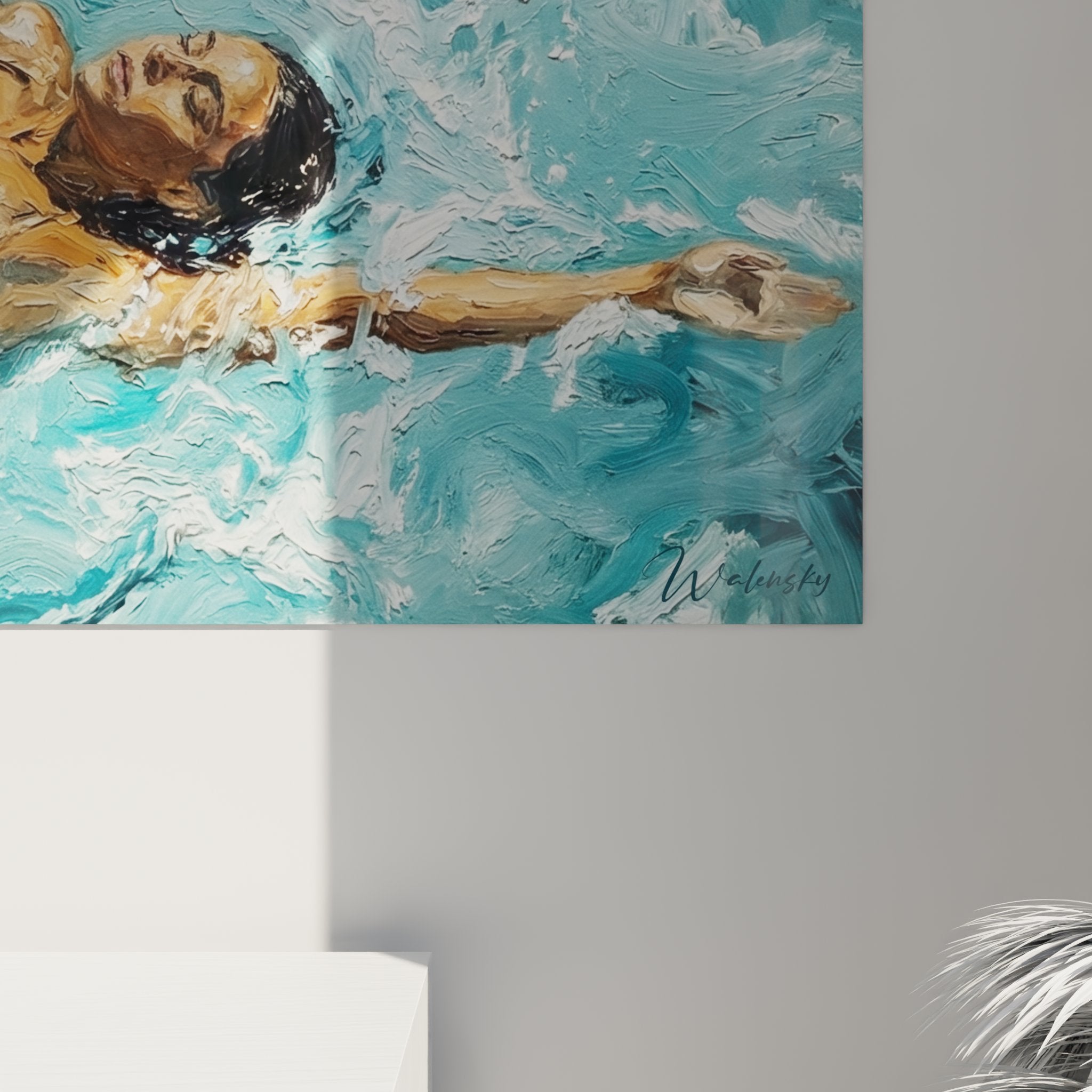 Vue ensemble salon moderne tableau horizontal nageur déco murale art natation intérieur design