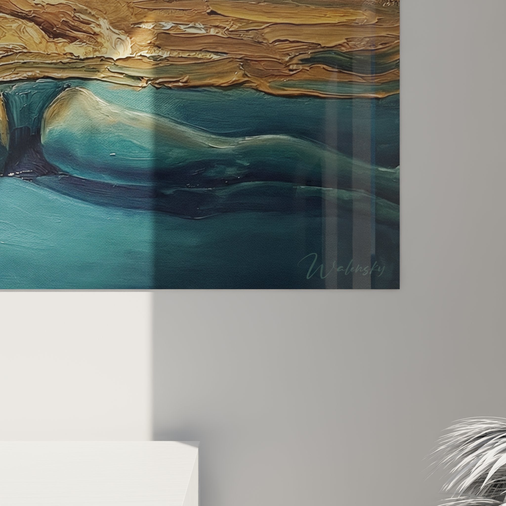 Vue ensemble tableau panoramique natation sous-marine art mural horizontal tons chauds froids