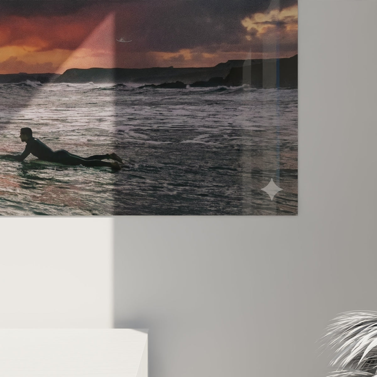 Vue d'ensemble tableau panoramique surfeur - art mural surf format horizontal pour salon moderne
