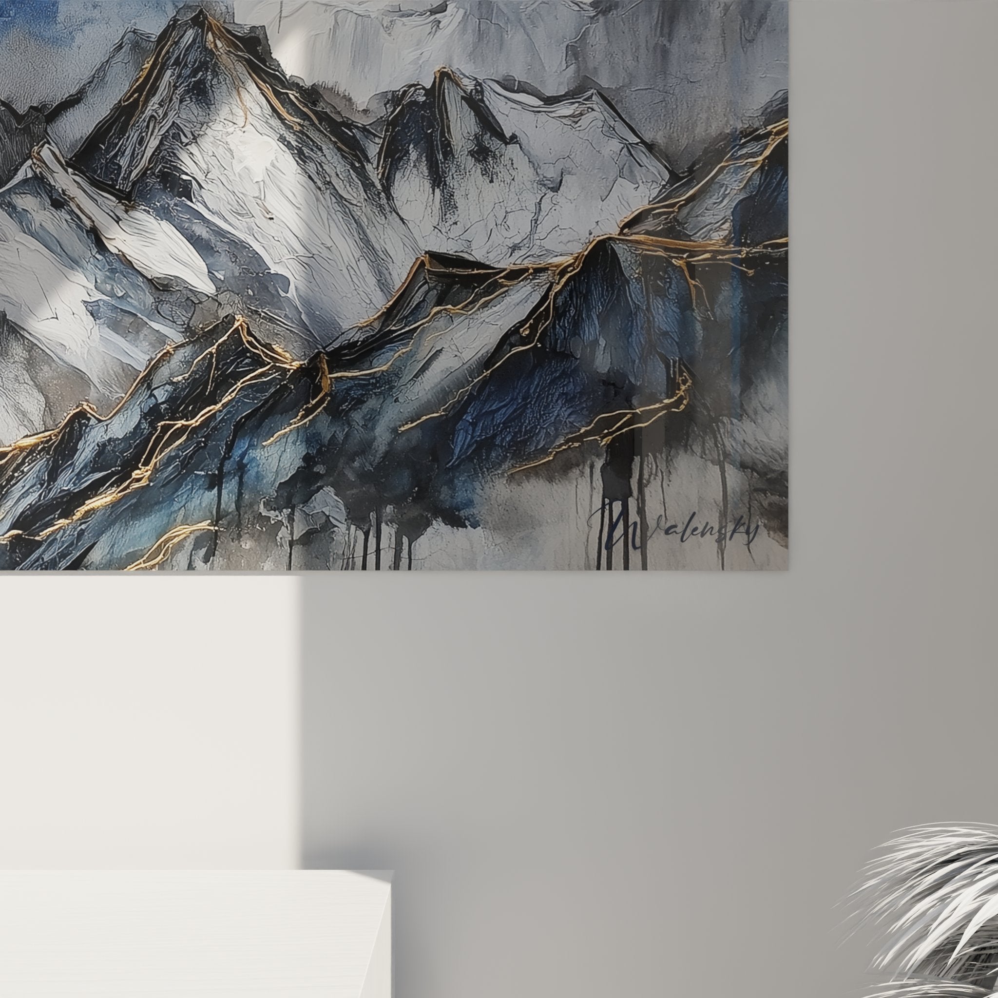 Overview of abstract mountain painting in a contemporary interior with harmonious colors