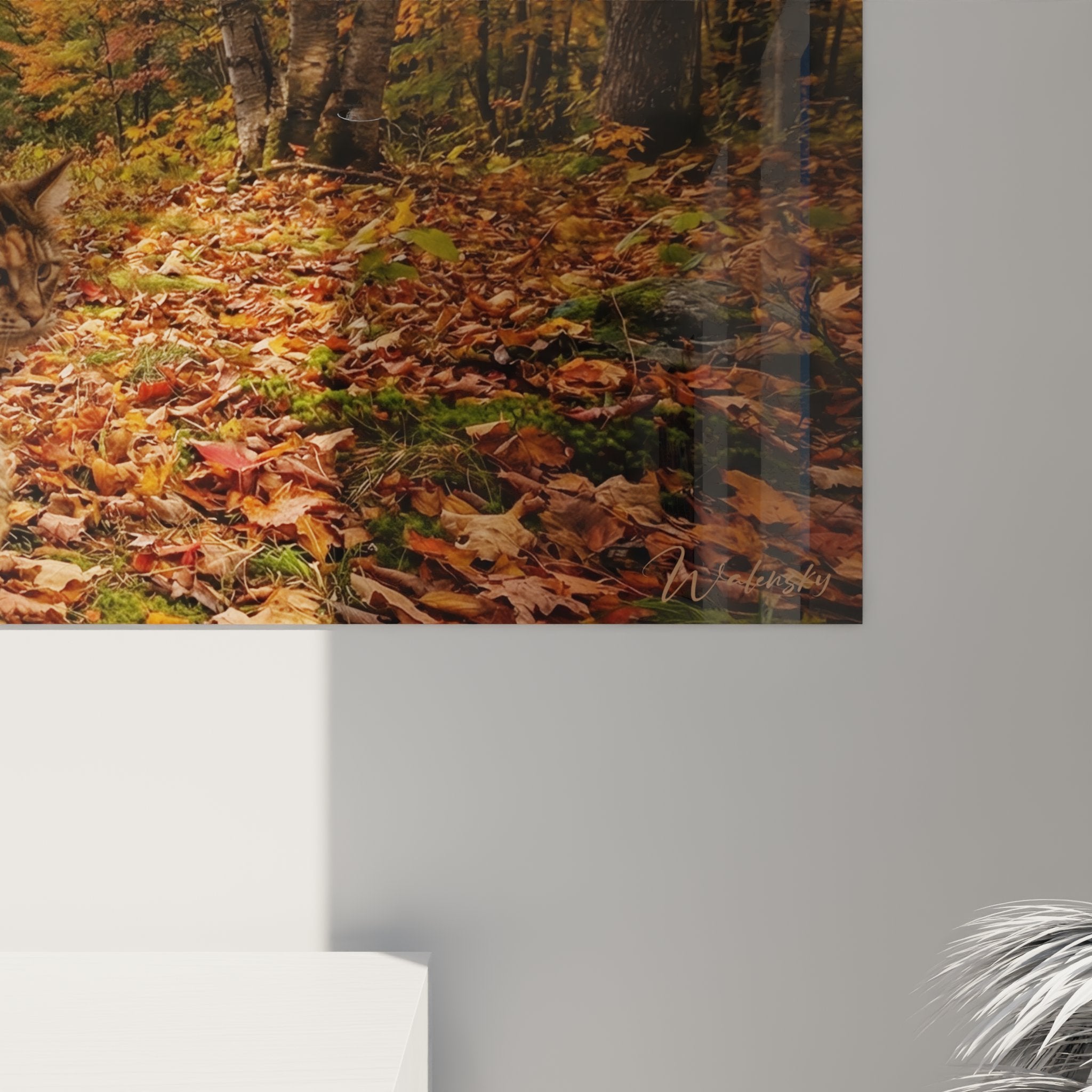 Full view Maine Coon painting autumn forest panoramic rolling valley soft light poetic nature atmosphere