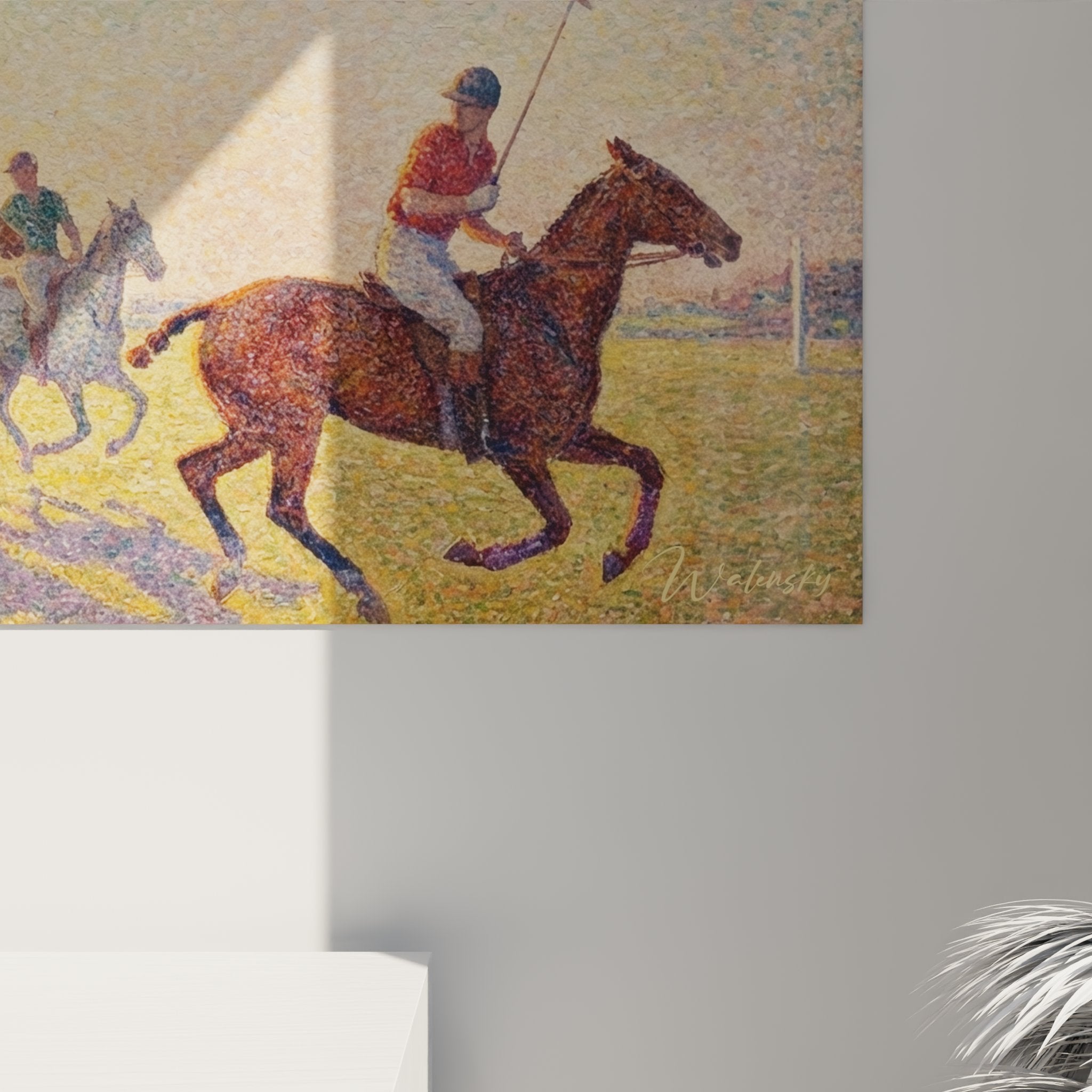 Full view of polo wall art, horizontal equestrian artwork, elegant sport chic wall decoration
