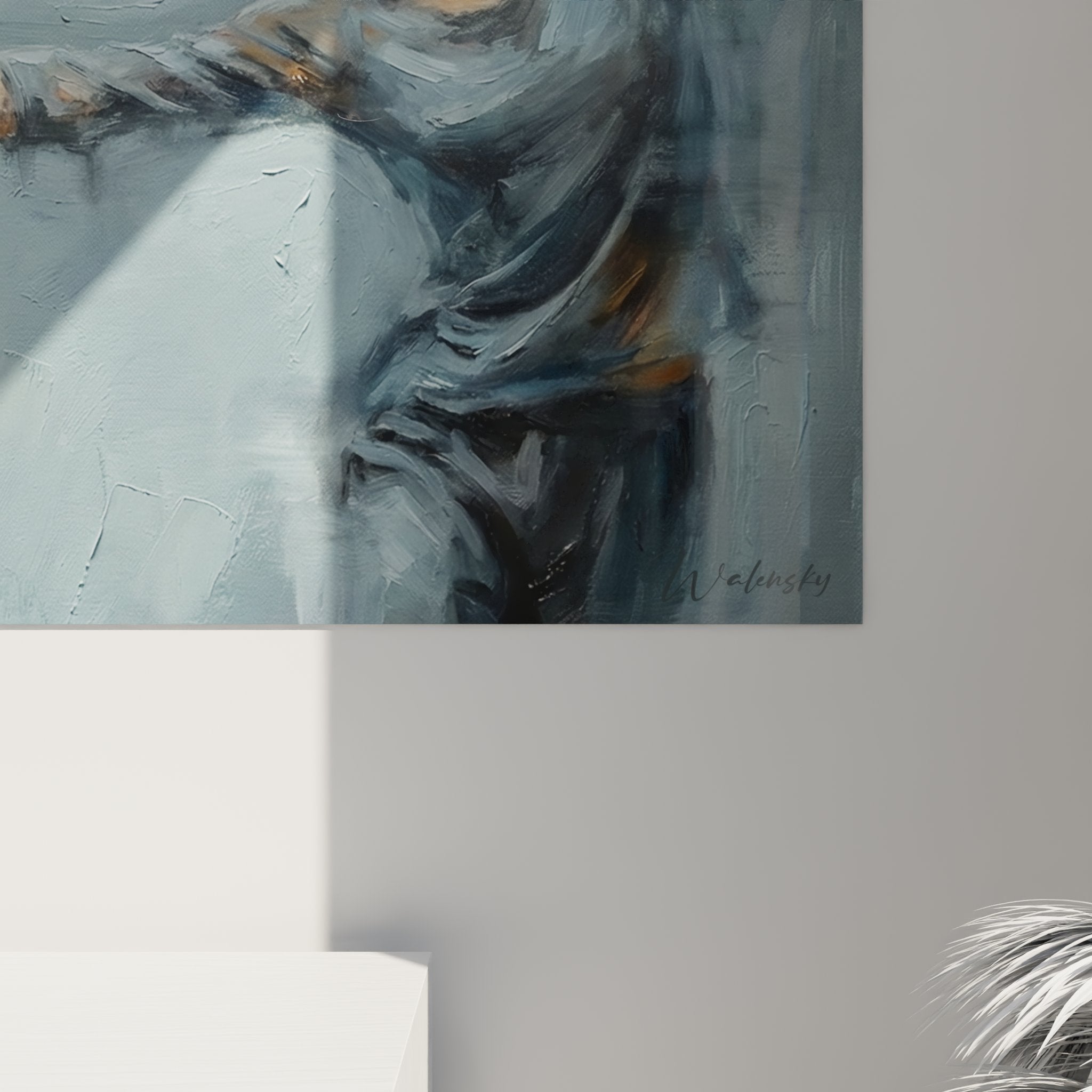 Vista d'insieme quadro ballerini connessione, arte murale moderna danza, composizione orizzontale toni blu