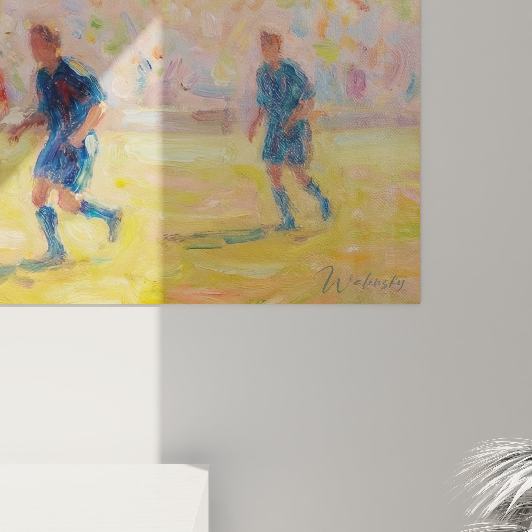 Vue d'ensemble tableau football impressionniste, composition artistique match sportif couleurs pastel