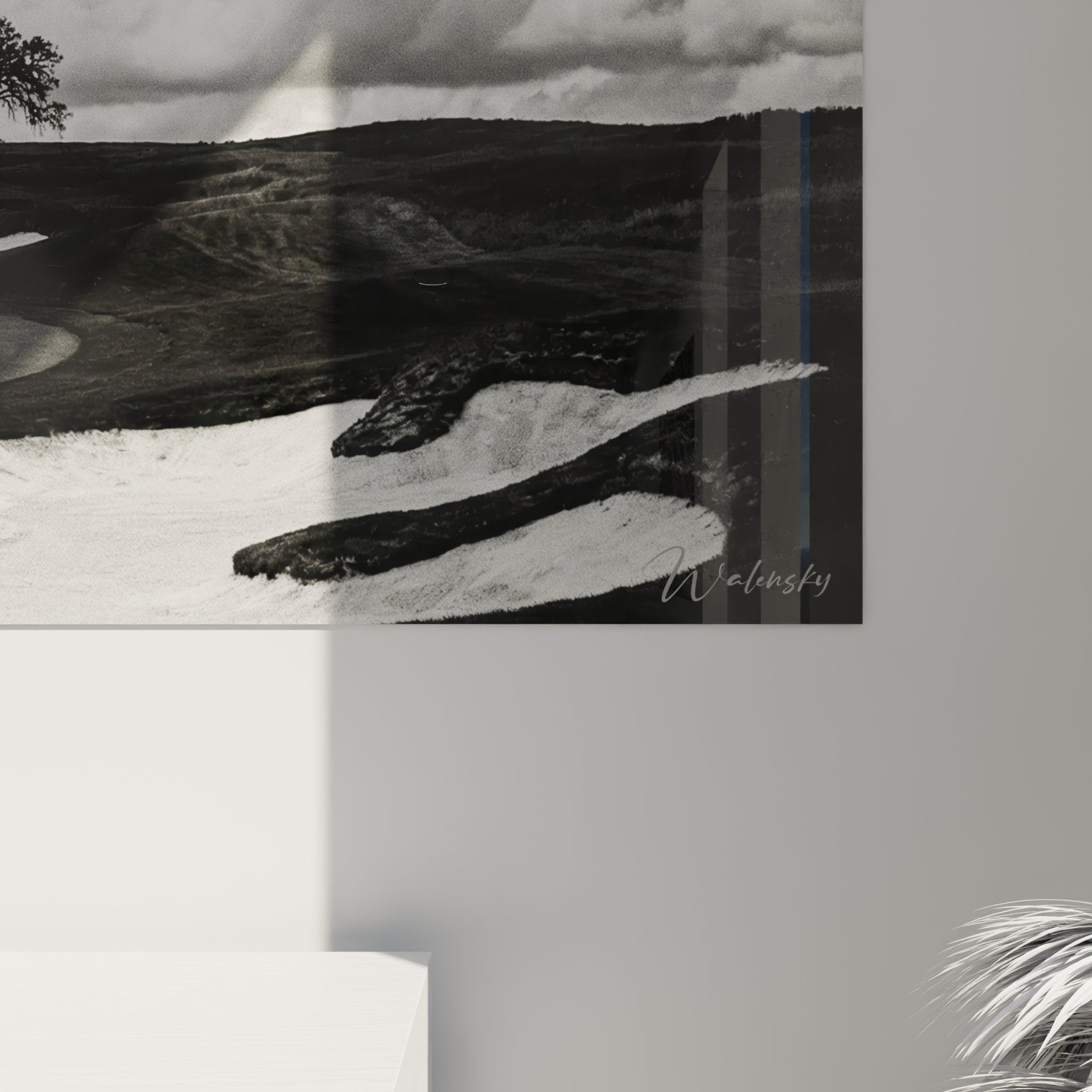 Vue d'ensemble tableau golf panoramique noir et blanc avec arbre et ciel dramatique