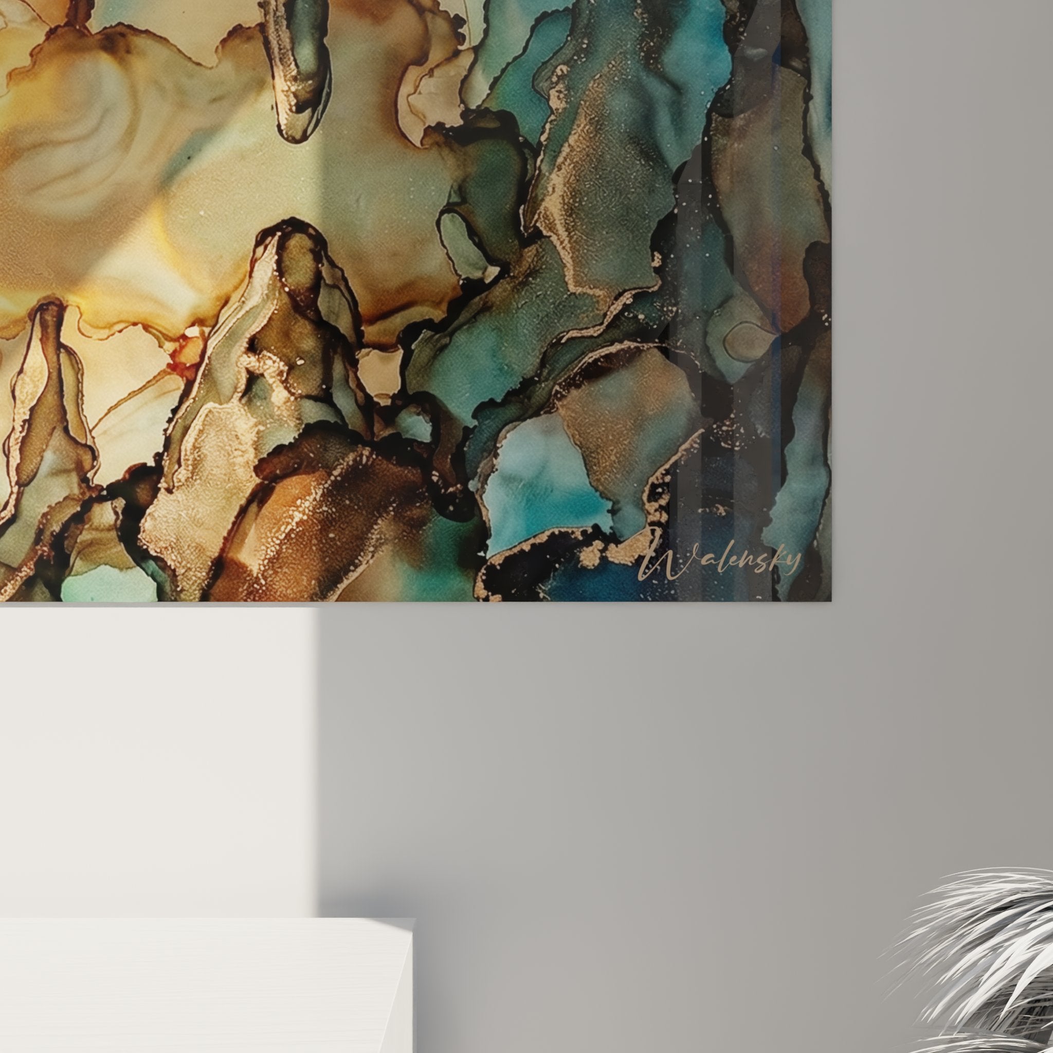 Vue d'ensemble du tableau plongeur cenote sur mur blanc montrant les dimensions et l'impact visuel de l'œuvre