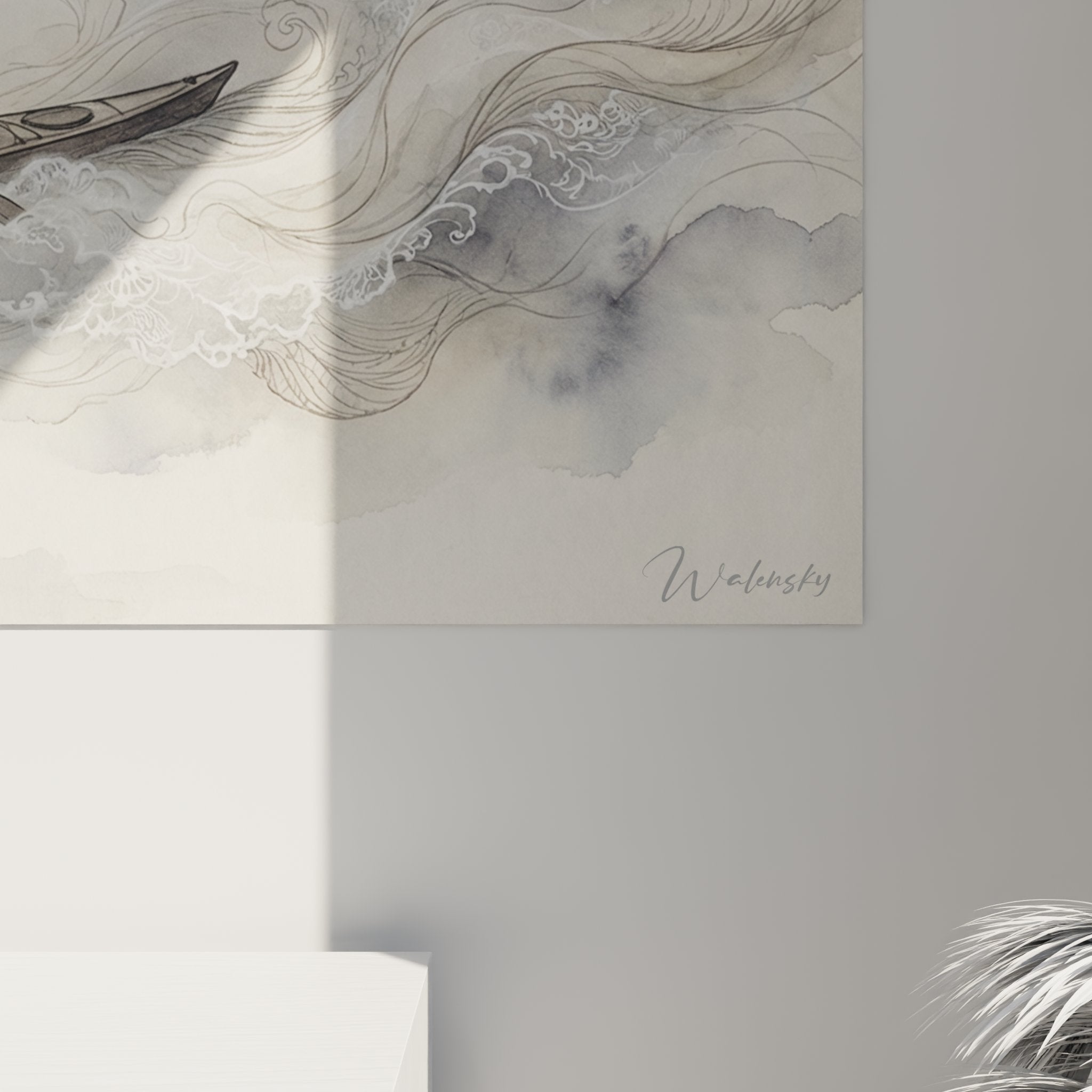 Übersicht des Wandbildes Kayakfahrer in den Wolken, dekoratives Kunstwerk Kayak Edition Panoramaformat