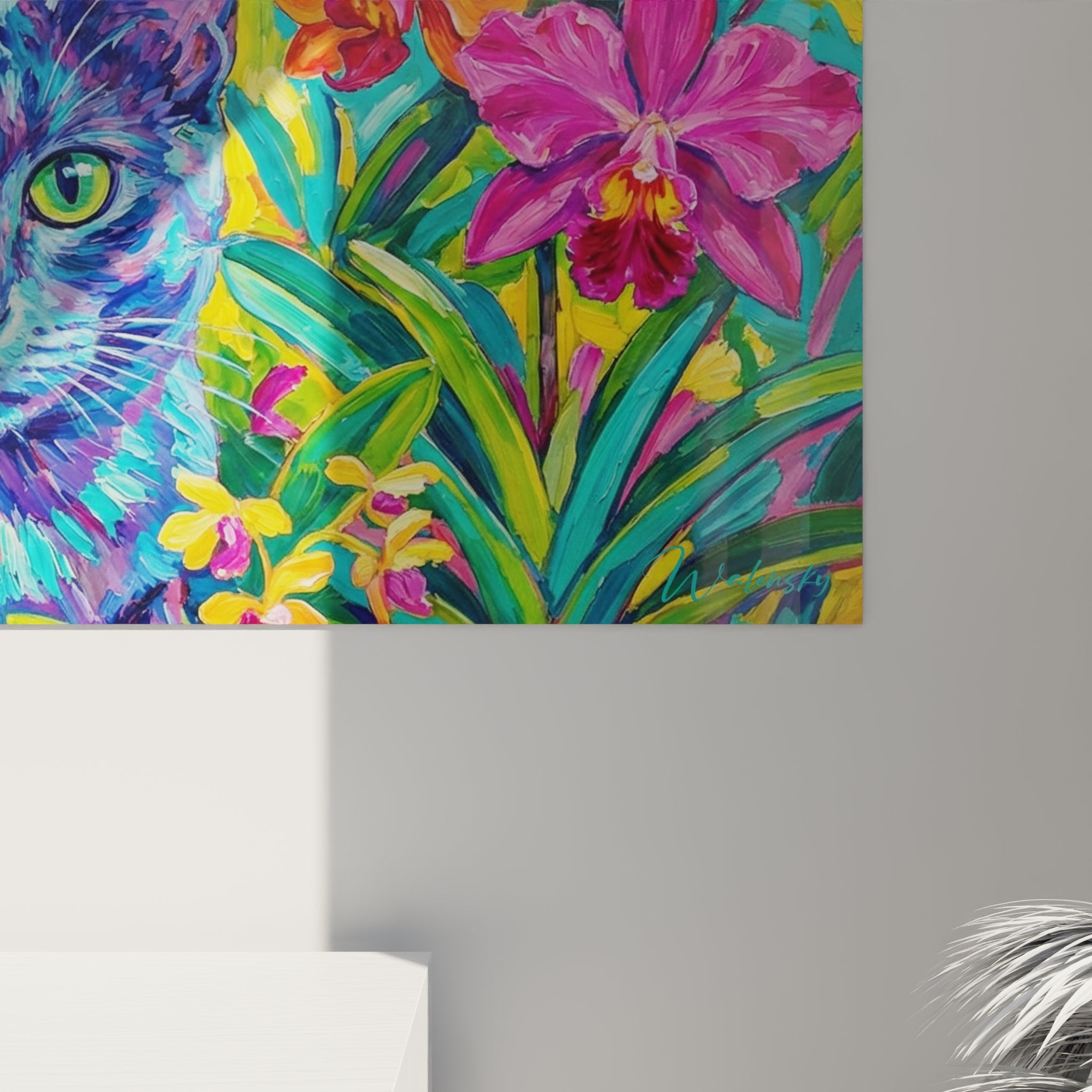 Vue d'ensemble du tableau mural chat Korat dans jardin tropical, orchidées et végétation luxuriante