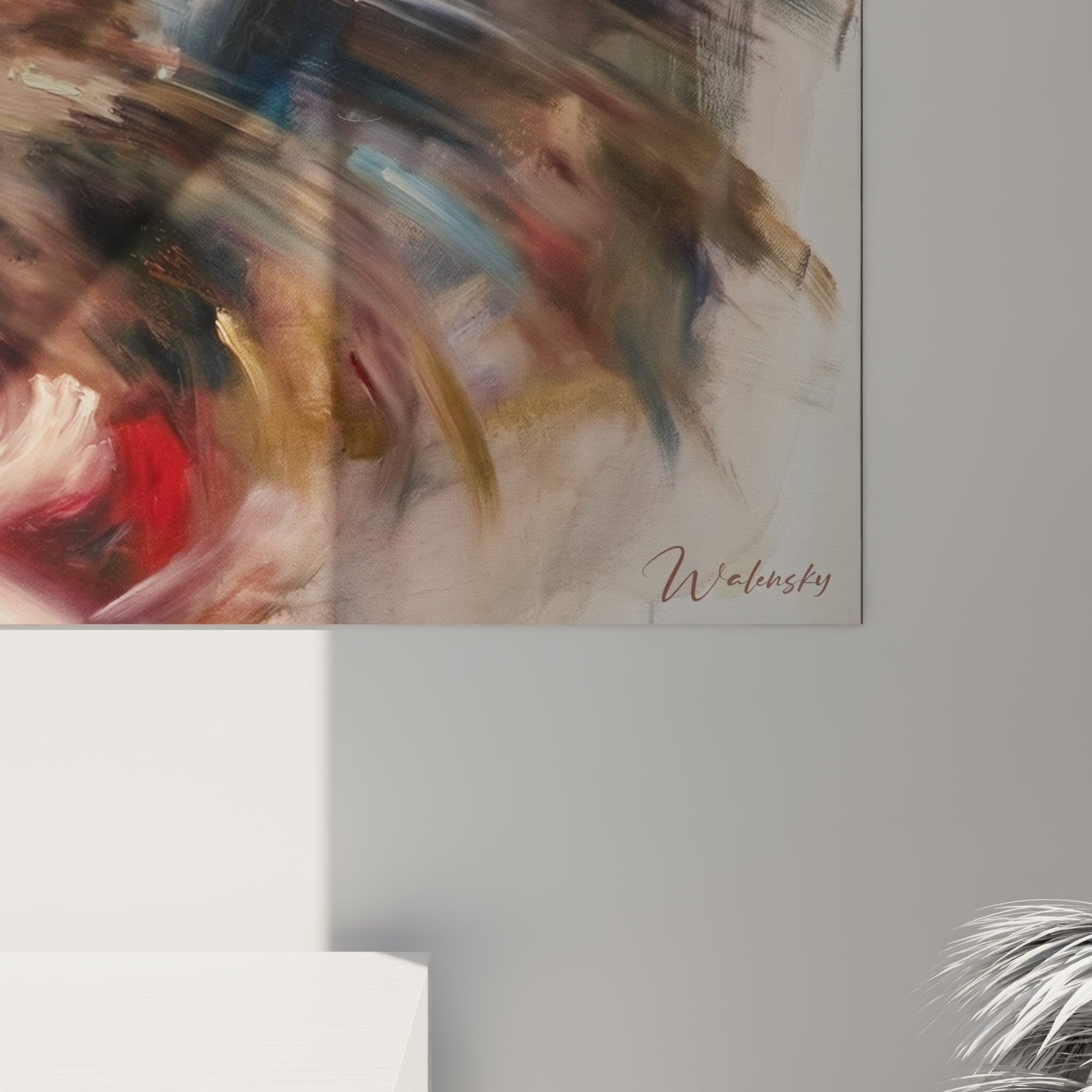 Panoramica del quadro mani danza in un interno contemporaneo, arte murale moderna ed espressiva