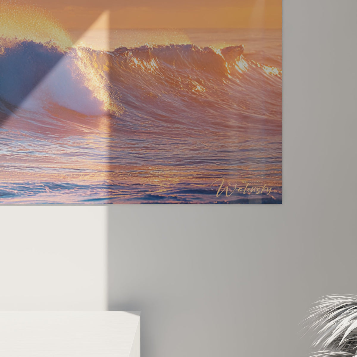 Übersicht Panorama Surfbrett Gemälde - Aufeinanderfolgende goldene Wellen Sonnenuntergang Ozean