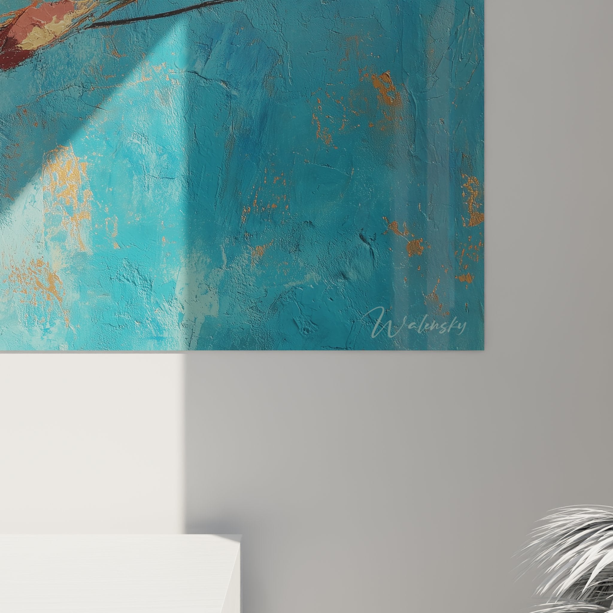 Vista generale quadro circo trapezista orizzontale, opera murale decorativa su sfondo turchese brillante