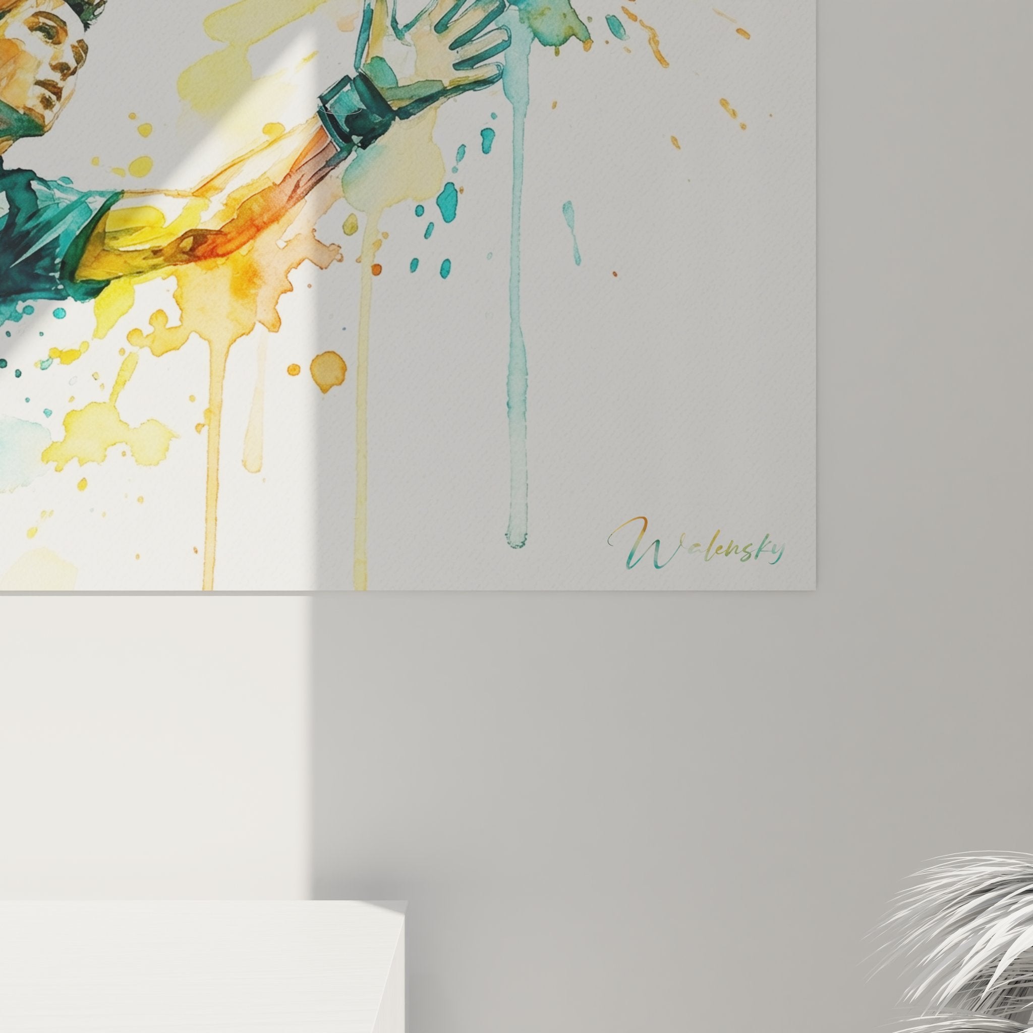 Vue d'ensemble tableau football moderne aquarelle tacle spectaculaire décoration murale