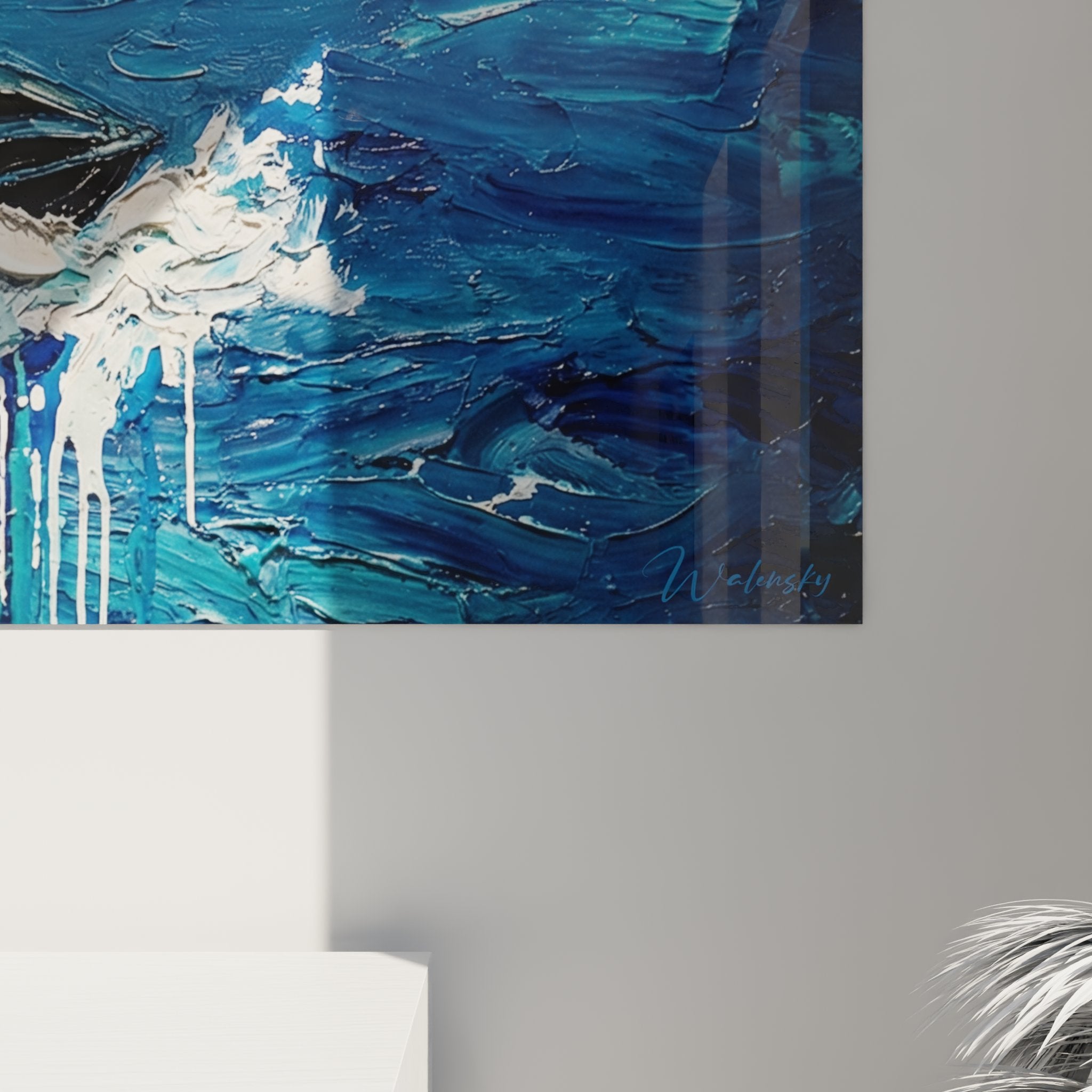 Vue ensemble tableau jetski artistique, œuvre marine bleue pour decoration interieure