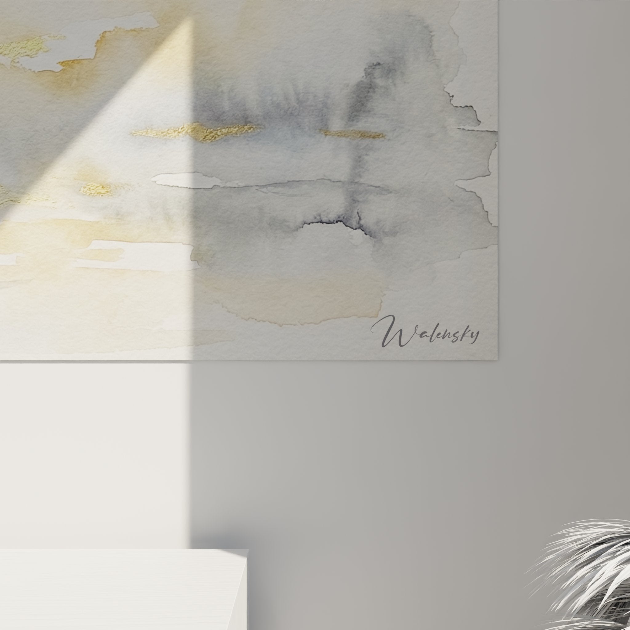 Vista d'insieme quadro sci nautico acquerello formato panoramico su parete bianca