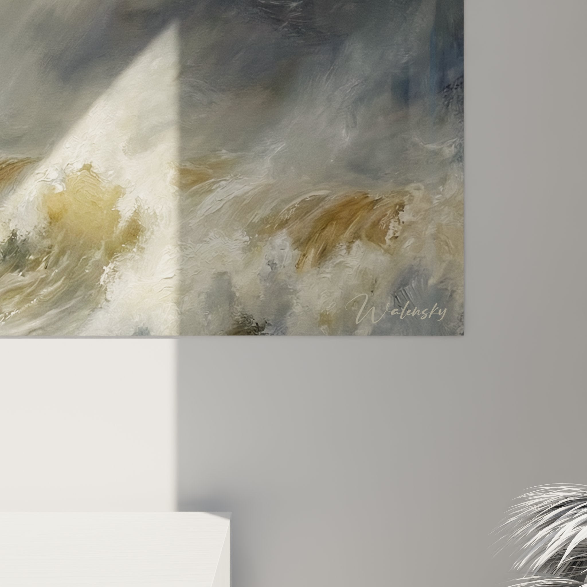 Overview of stormy seascape wall art, ocean-inspired surf style décor with turbulent waves