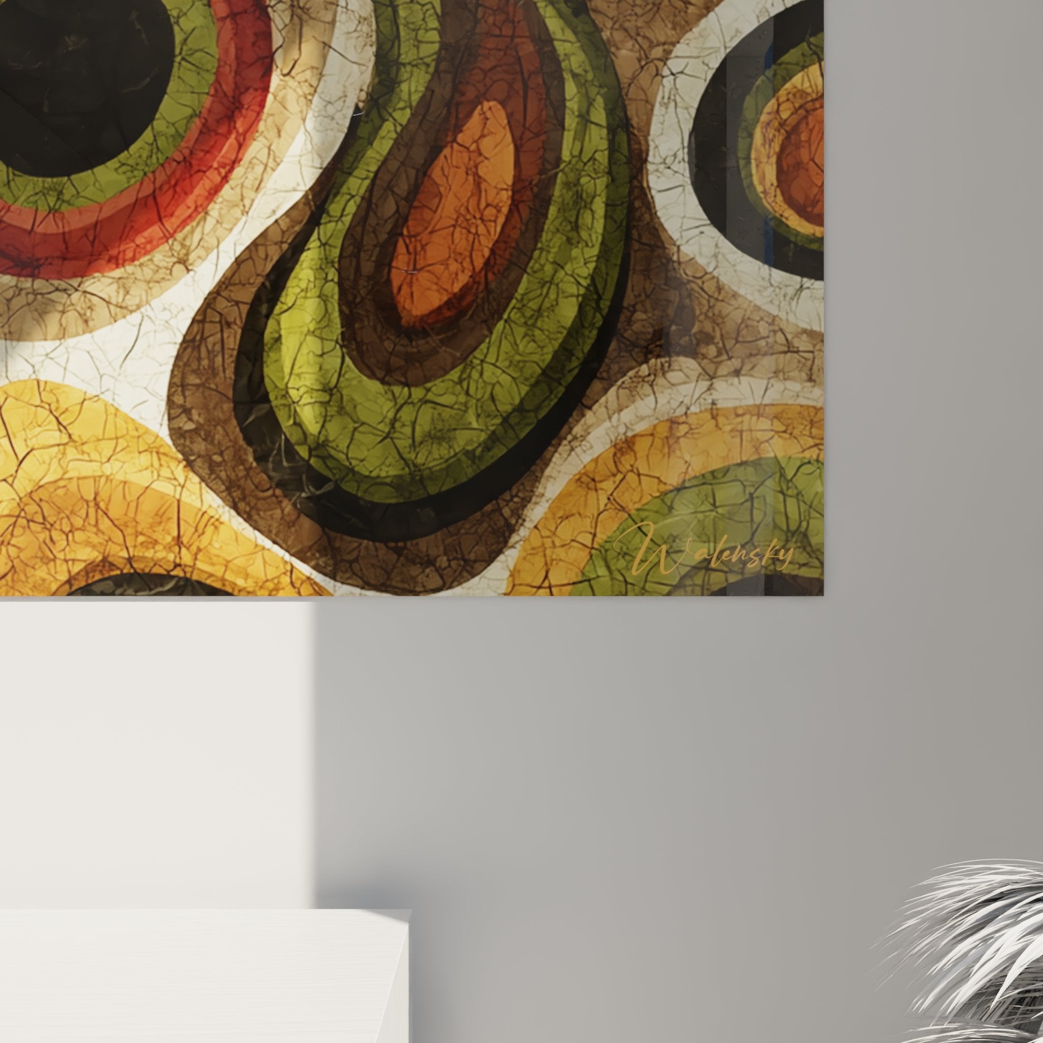 Overview of abstract African wall art with circular patterns in a contemporary interior