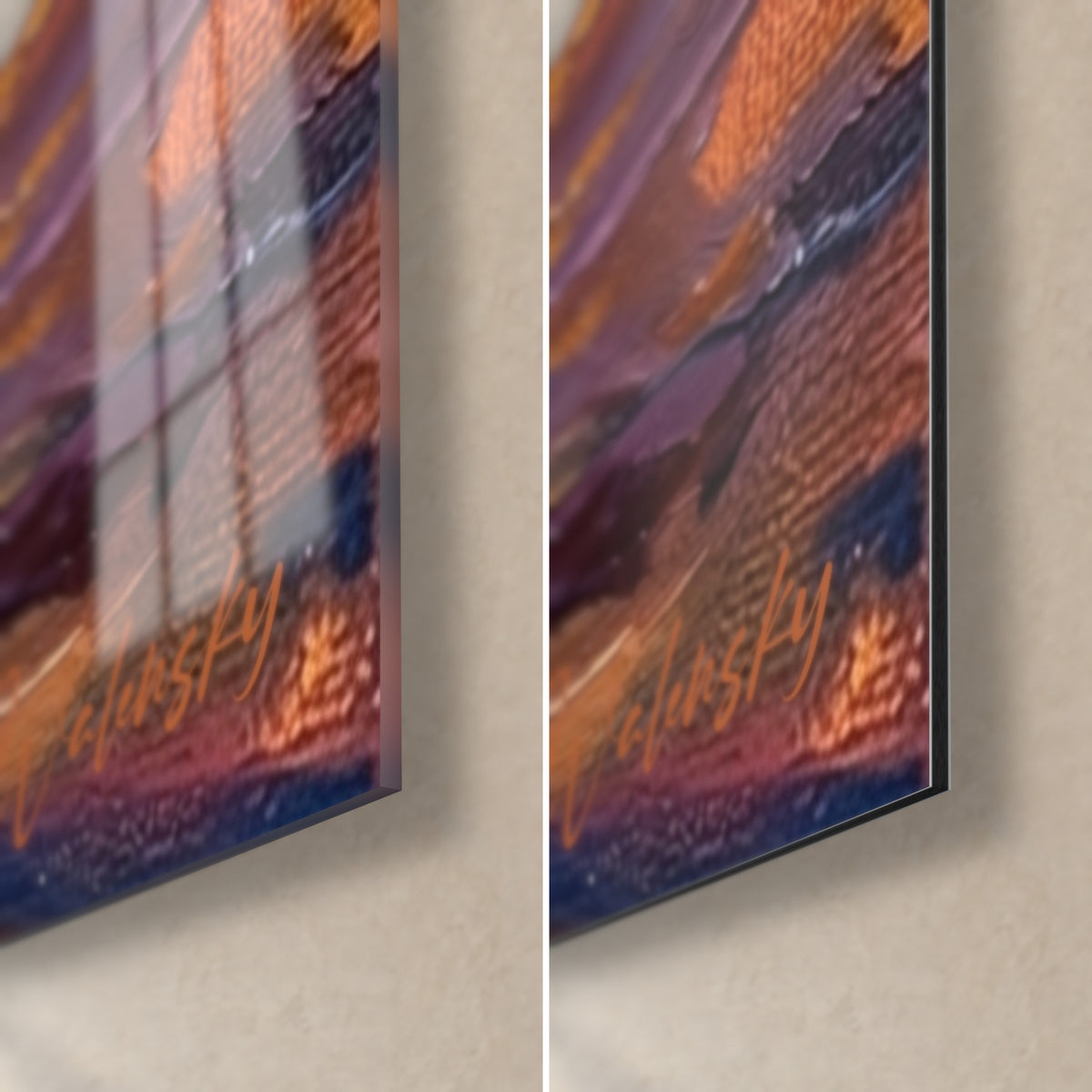 Schilderij stel in een kano op een vurig meer, rechtsonder: glanzend acrylglas links, mat Dibond-aluminium rechts, 3 mm dikte